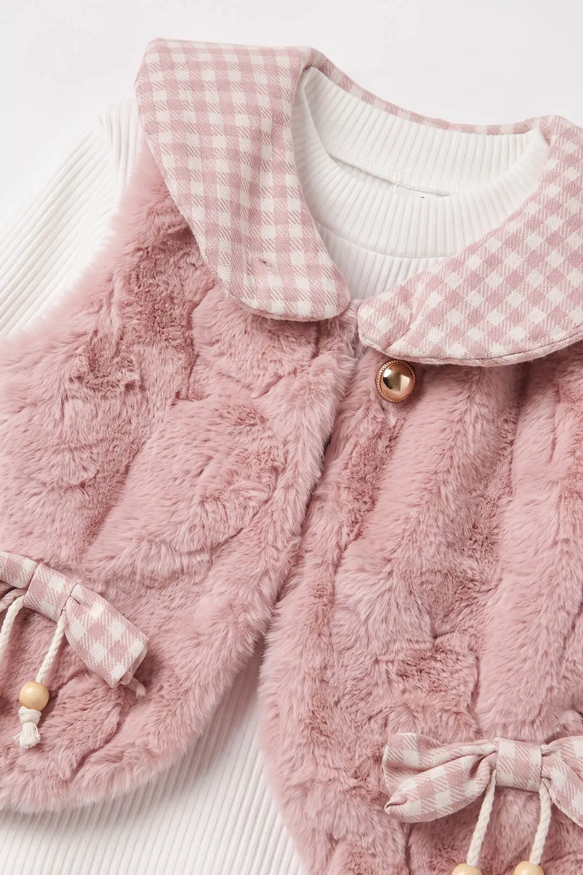 Pembe (2-6 Yaş) Kareli Pantolonlu Peluş Yelekli Kız Çocuk 3'lü Takım 491152