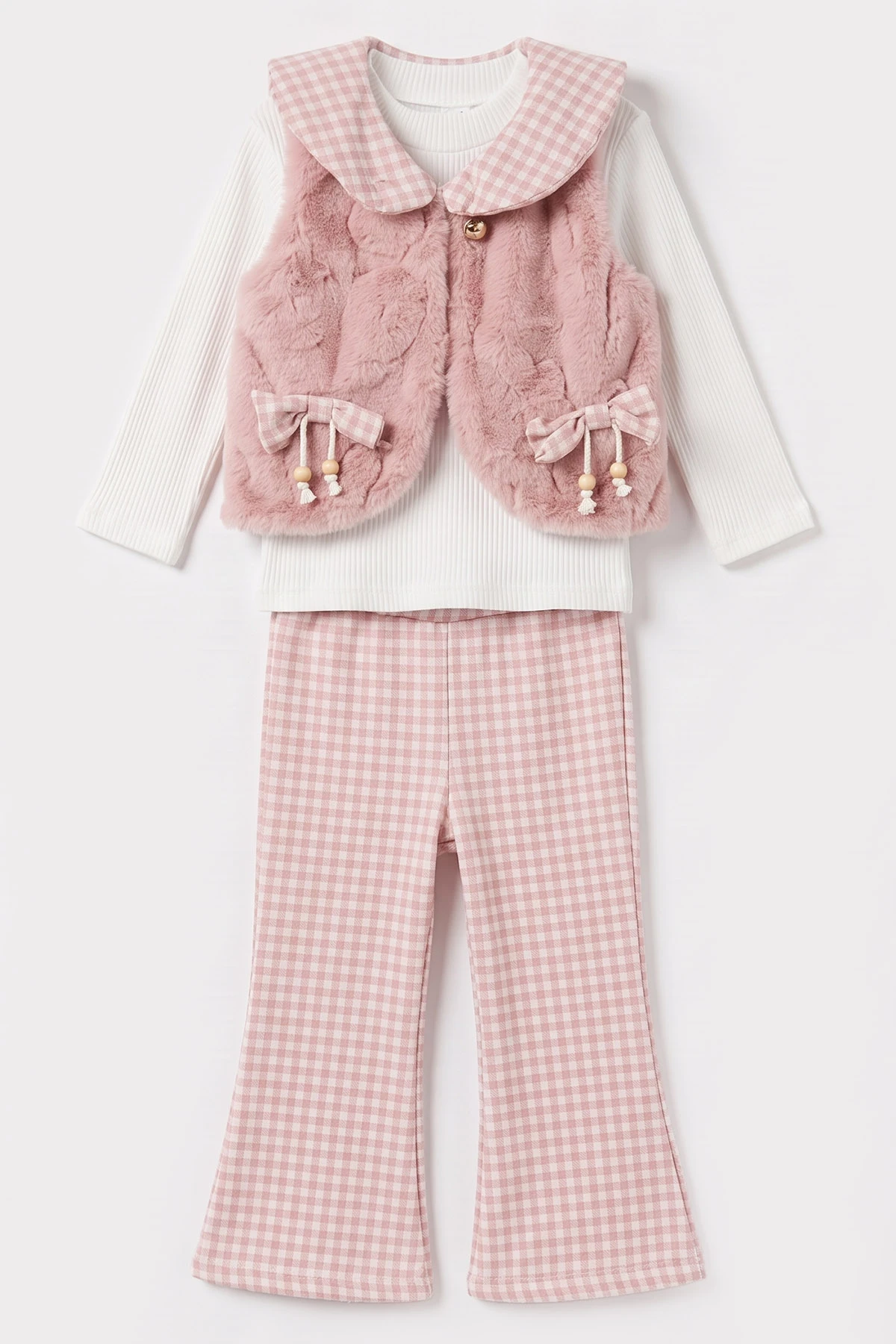 Pembe (2-6 Yaş) Kareli Pantolonlu Peluş Yelekli Kız Çocuk 3'lü Takım 491152