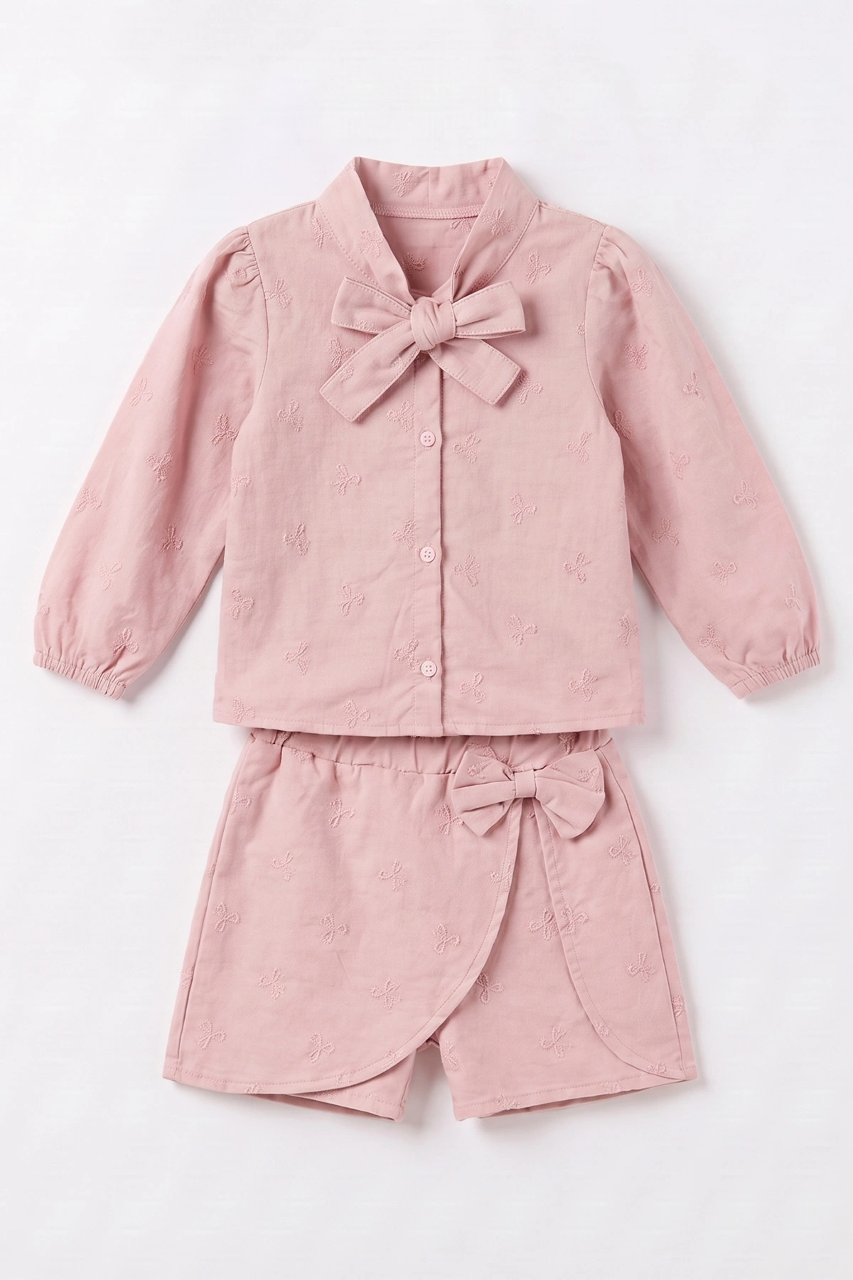Pembe (2-6 Yaş) Peluş Yelekli Şort Etek ve Fiyonk Nakışlı Gömlekli Kız Çocuk 3'lü Takım 491164