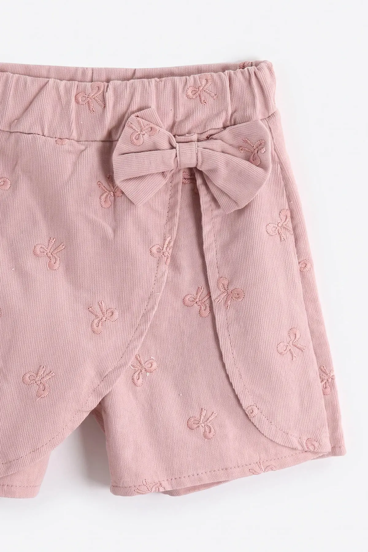 Pembe (2-6 Yaş) Peluş Yelekli Şort Etek ve Fiyonk Nakışlı Gömlekli Kız Çocuk 3'lü Takım 491164