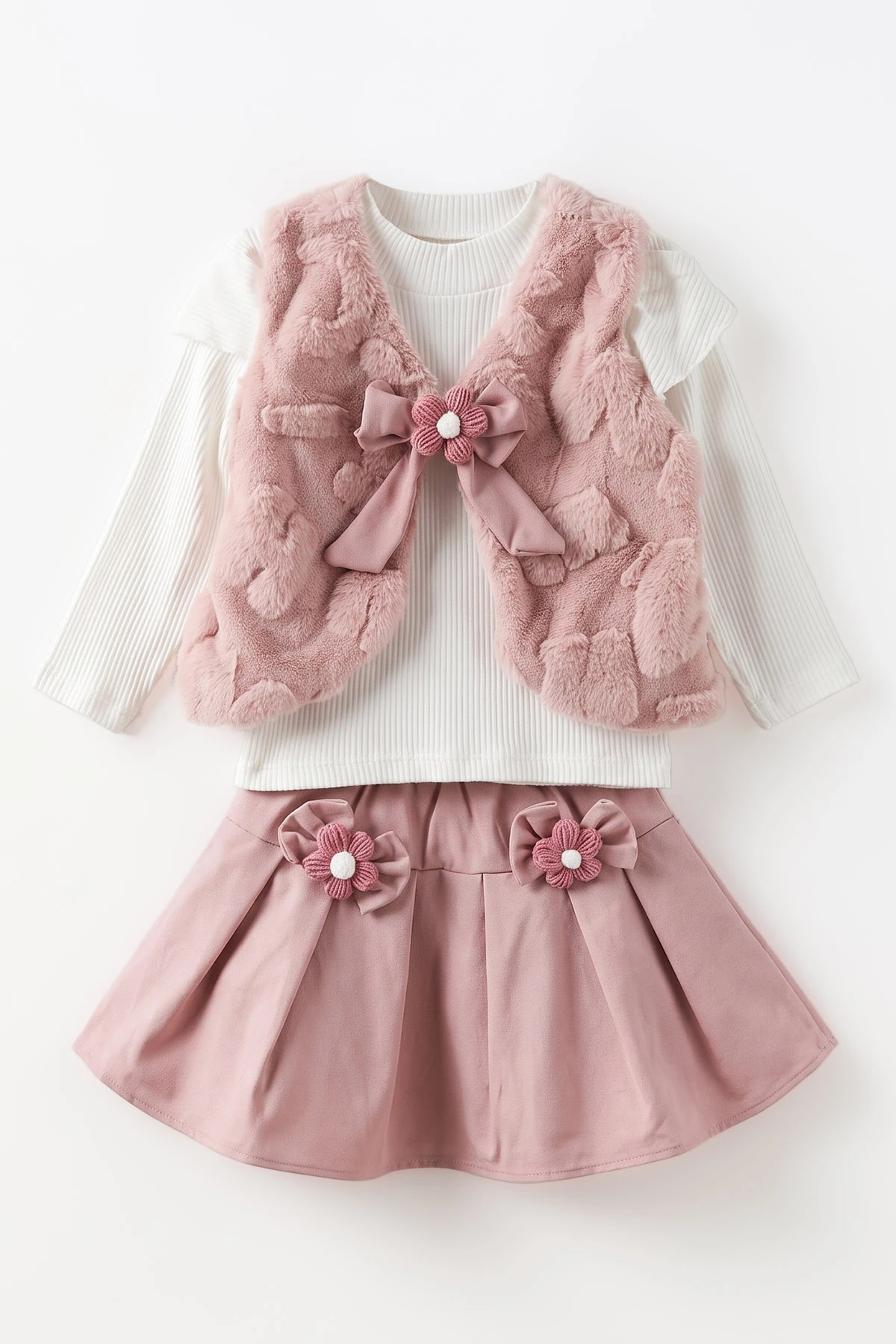 Pembe (2-6 Yaş)Gabardin Etekli Peluş Yelekli Kız Çocuk 3'lü Takım 500253