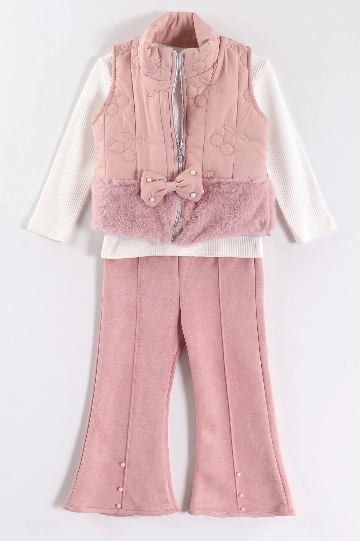 Pembe (2-6 Yaş)Kadife Pantolonlu Kiraz Nakışlı Yelekli Kız Çocuk 3'lü Takım 500259