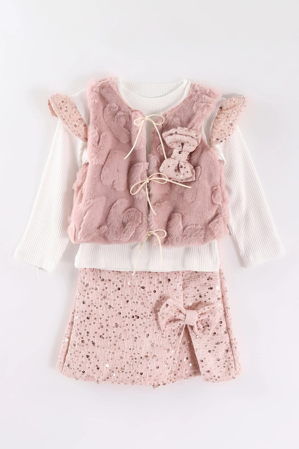 Pembe (2-6 Yaş)Pullu Şort Etekli Peluş Yelekli Kız Çocuk 3'lü Takım 500256