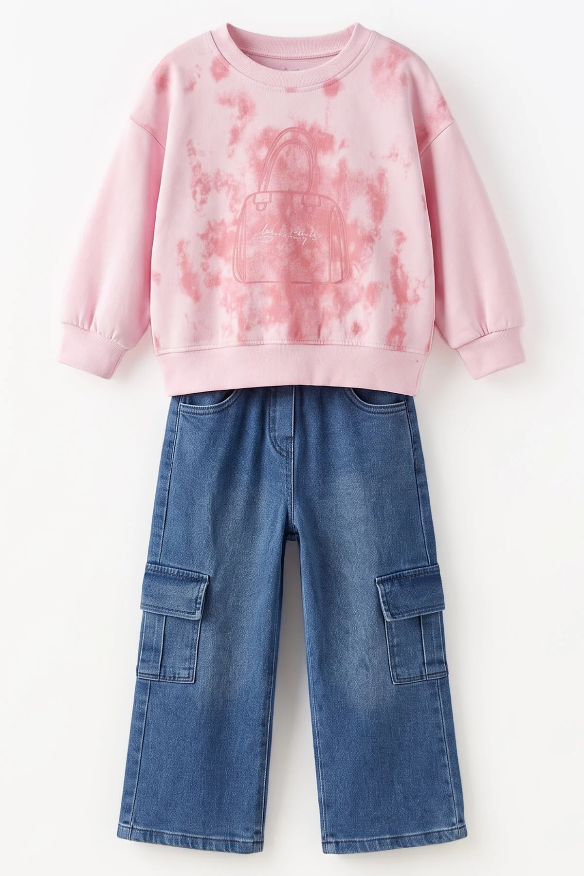 Pembe (2-7 Yaş) Batik Desenli Kot Pantolonlu Komanda Cepli Kız Çocuk 2'li Takım 499601