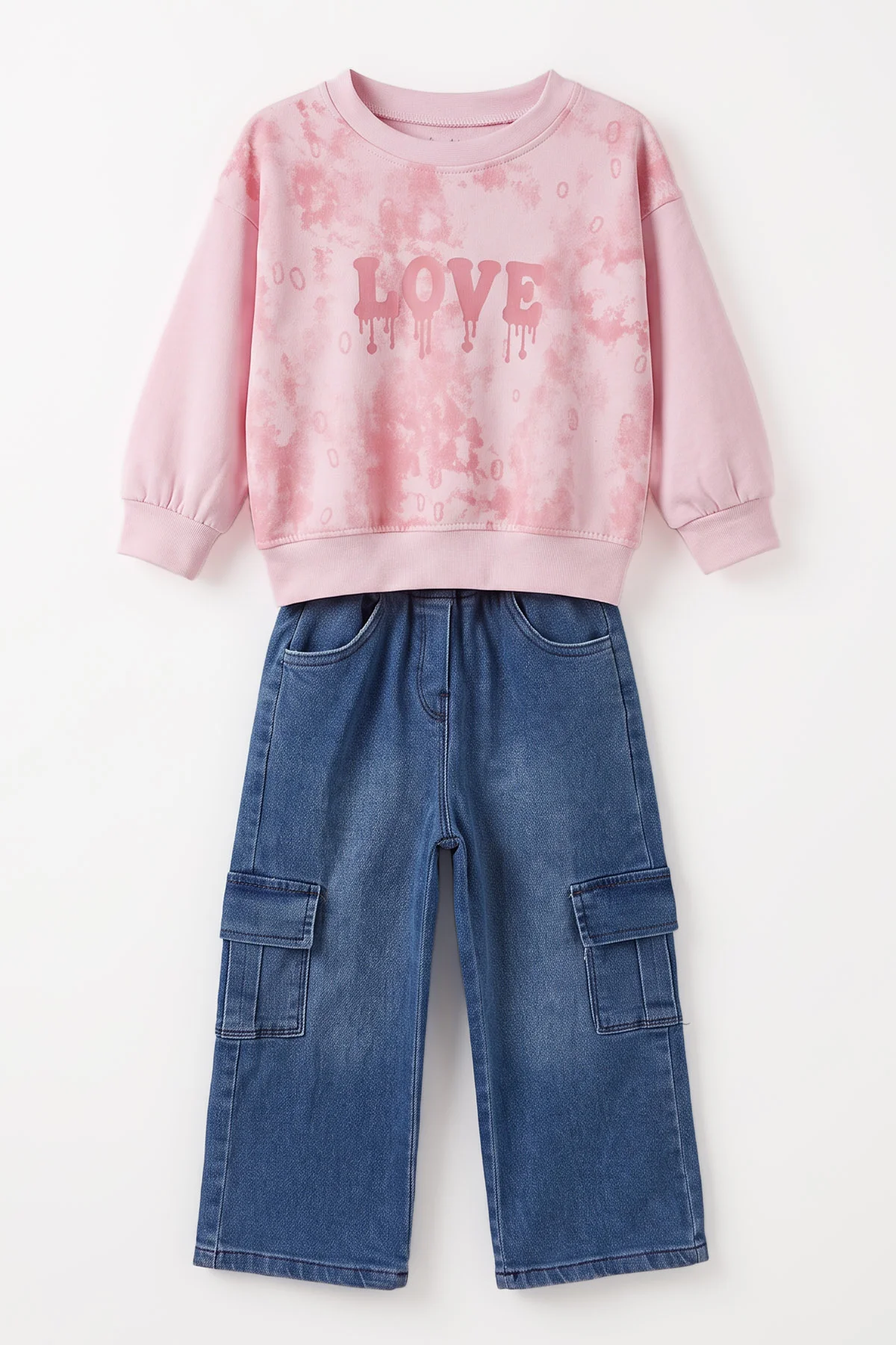 Pembe (2-7 Yaş) Batik Desenli Love Baskılı Kot Pantolonlu Kız Çocuk 2'li Takım 499604
