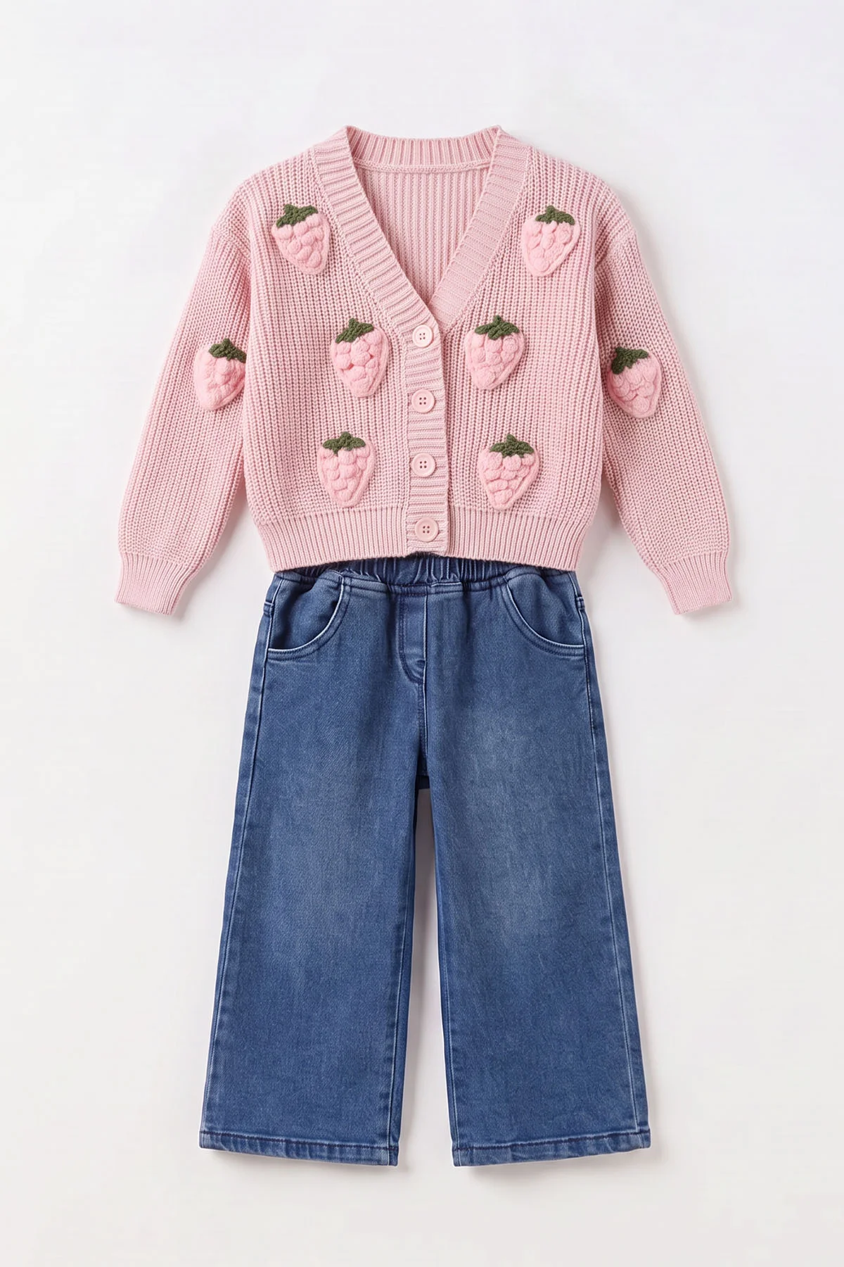 Pembe (2-7  Yaş) Çilek Nakışlı Triko Kazaklı Kot Pantolonlu Kız Çocuk 2'li Takım 498303