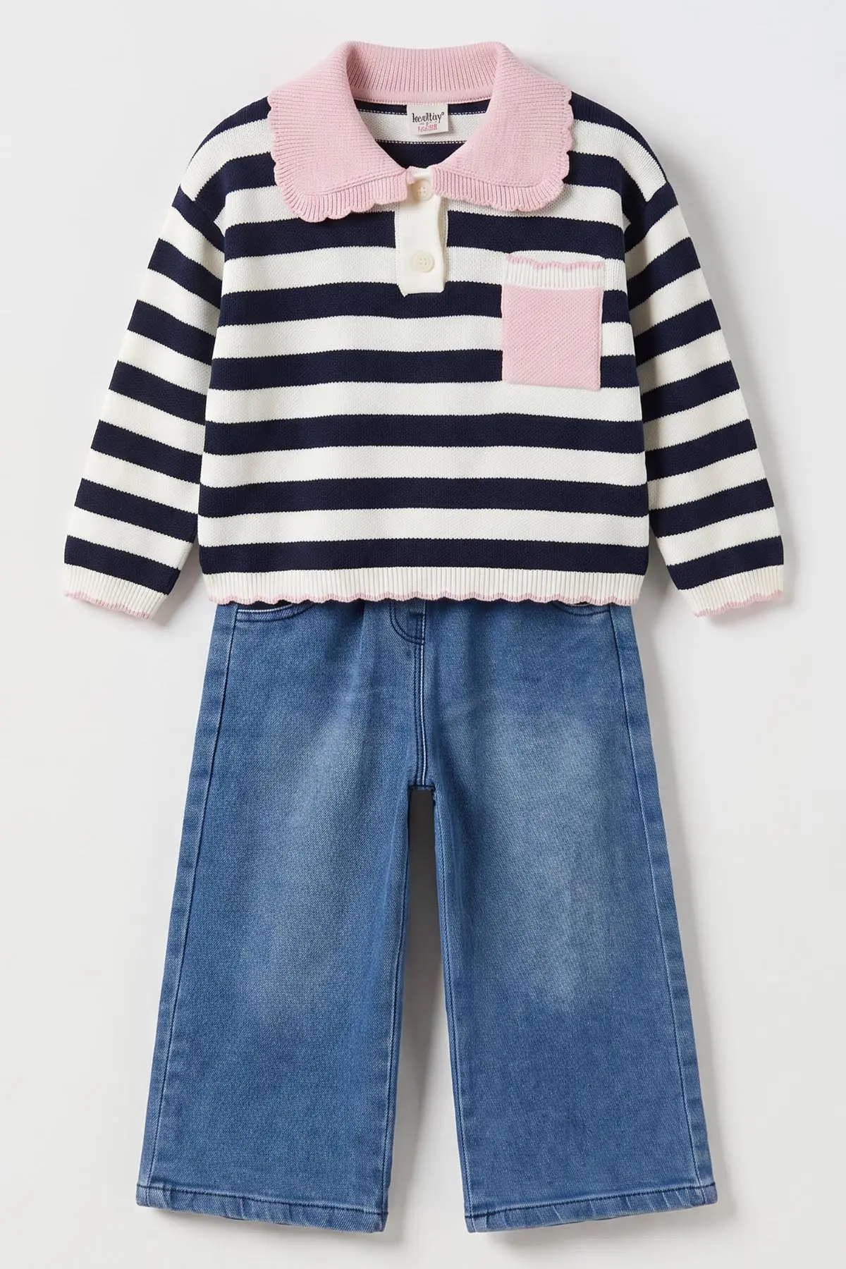 Pembe (2-7 Yaş)  Çizgili Triko Kazaklı Kot Pantalonlu Kız Çocuk Takım 500539