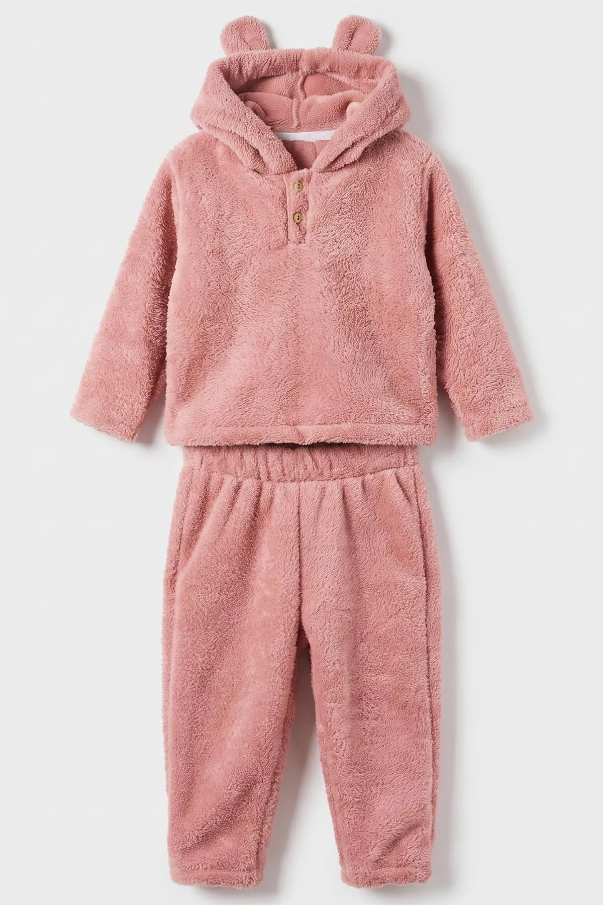 Pembe (2-7 Yaş) Kapüşonlu Kulaklı Welsofft Yakadan Yarım Düğmeli Çocuk Kışlık Takım 493786