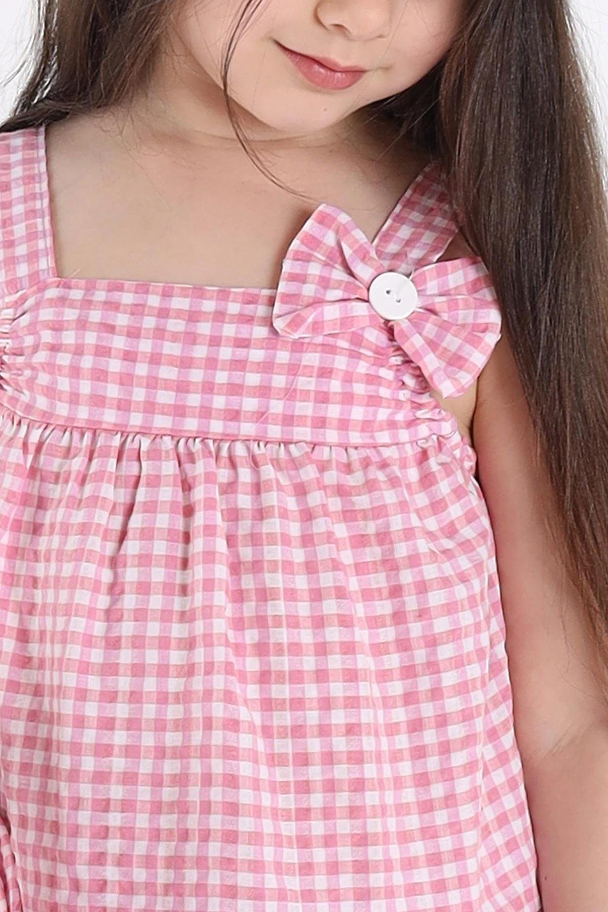Pembe (3-10 Yaş) Fiyonklu Pötikare Desen Şapkalı Kız Çocuk Elbise 341682