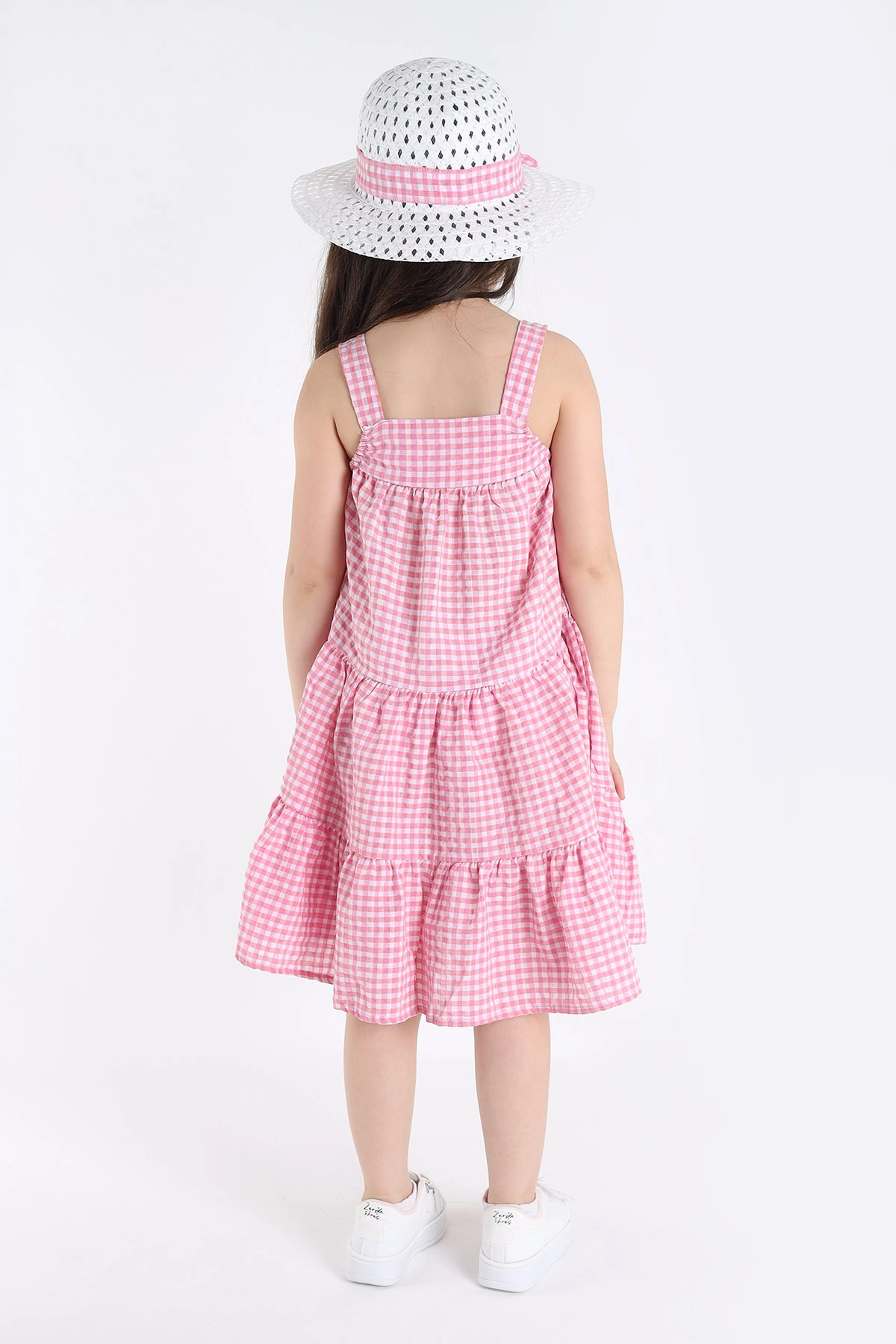 Pembe (3-10 Yaş) Fiyonklu Pötikare Desen Şapkalı Kız Çocuk Elbise 341682