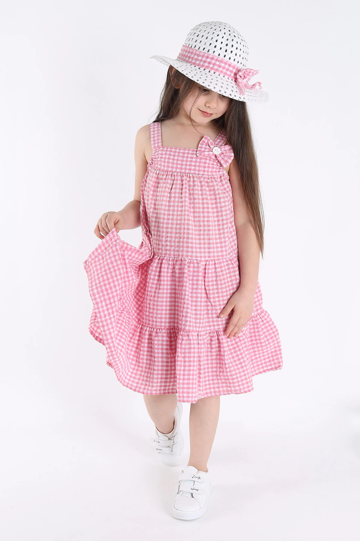 Pembe (3-10 Yaş) Fiyonklu Pötikare Desen Şapkalı Kız Çocuk Elbise 341682