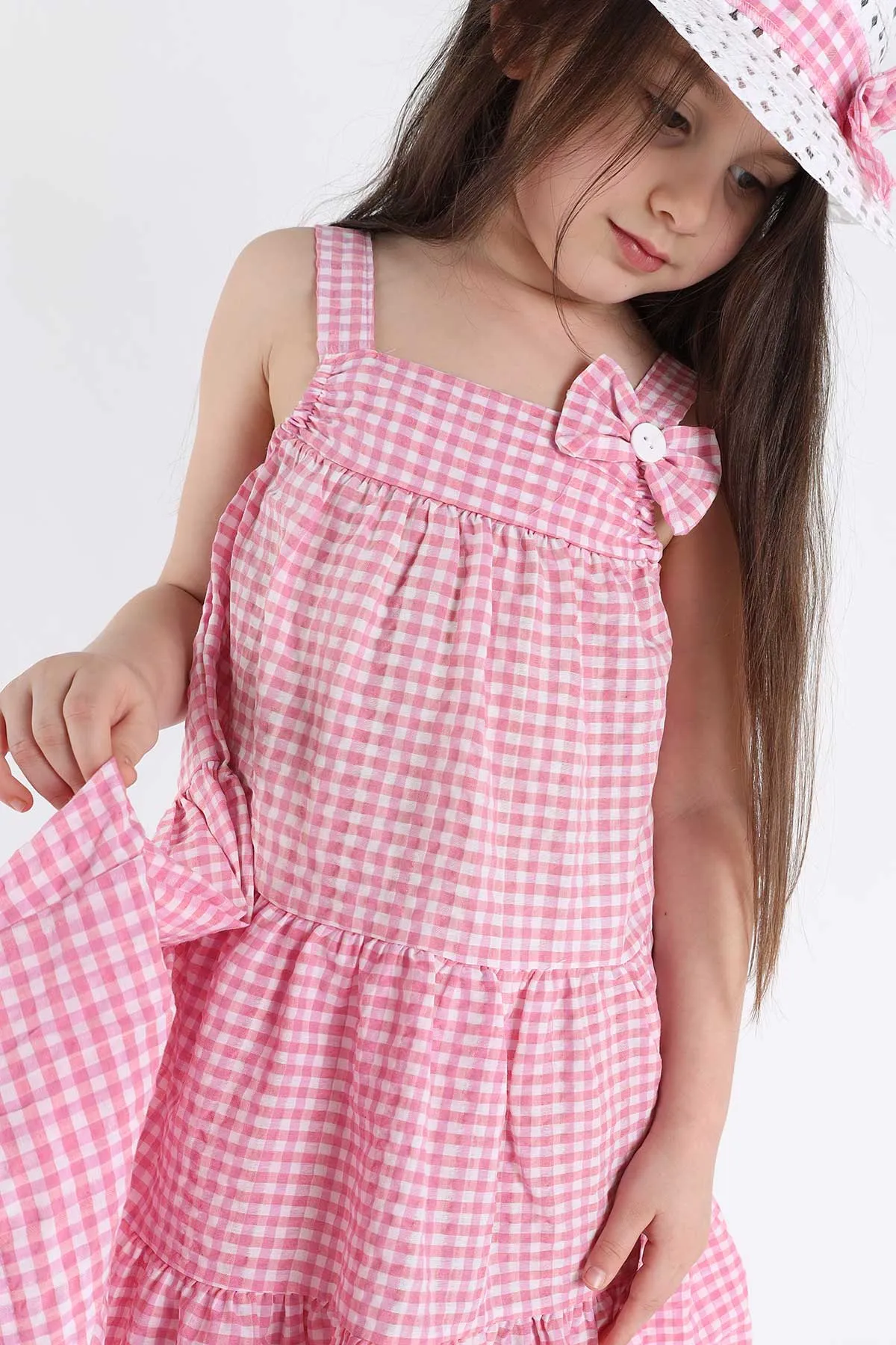 Pembe (3-10 Yaş) Fiyonklu Pötikare Desen Şapkalı Kız Çocuk Elbise 341682