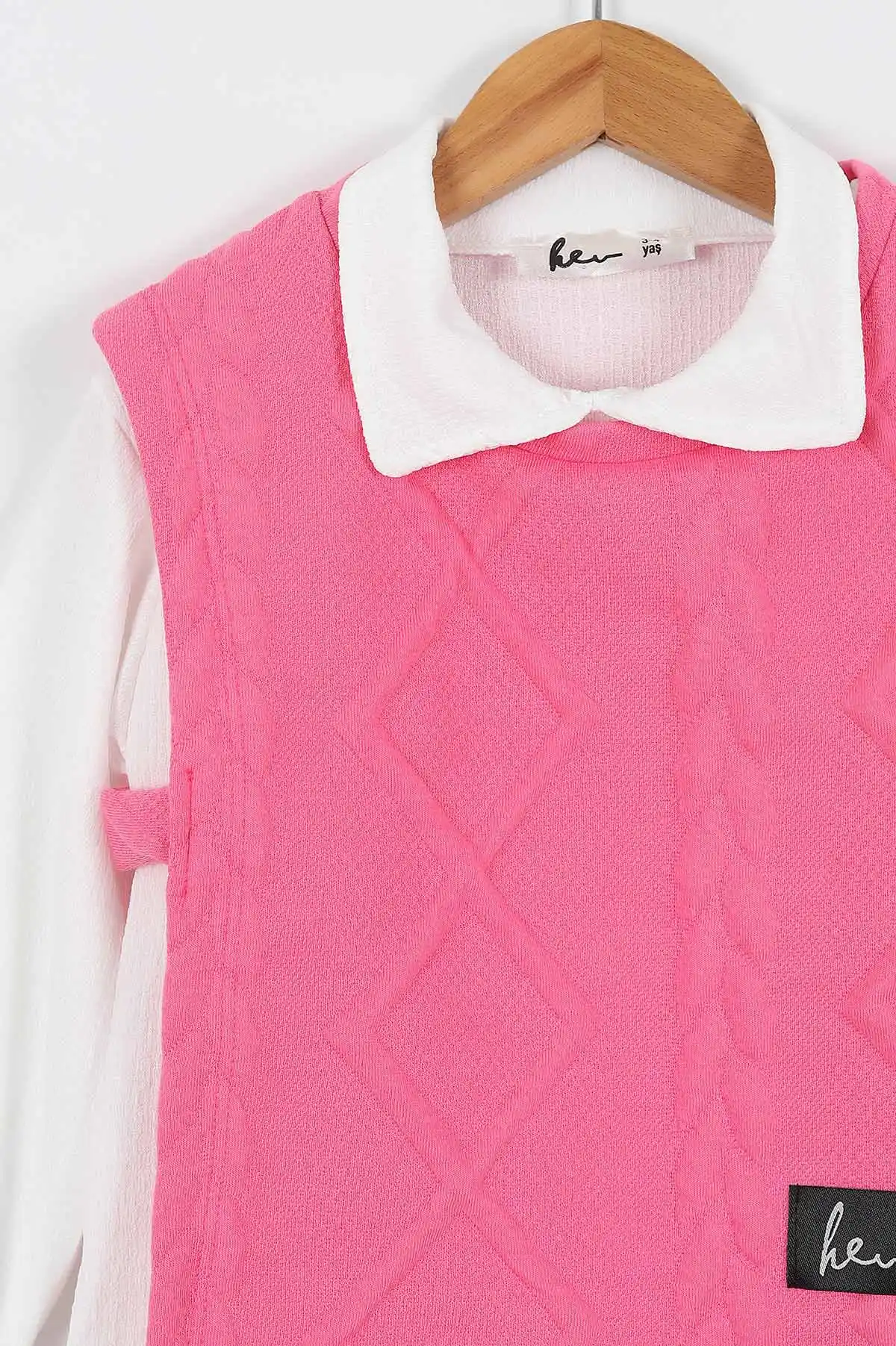 Pembe (3-10 Yaş) Kabartma Desenli Bürümcük Gömlek Yaka Badili Kız Çocuk 3'lü Takım 337462