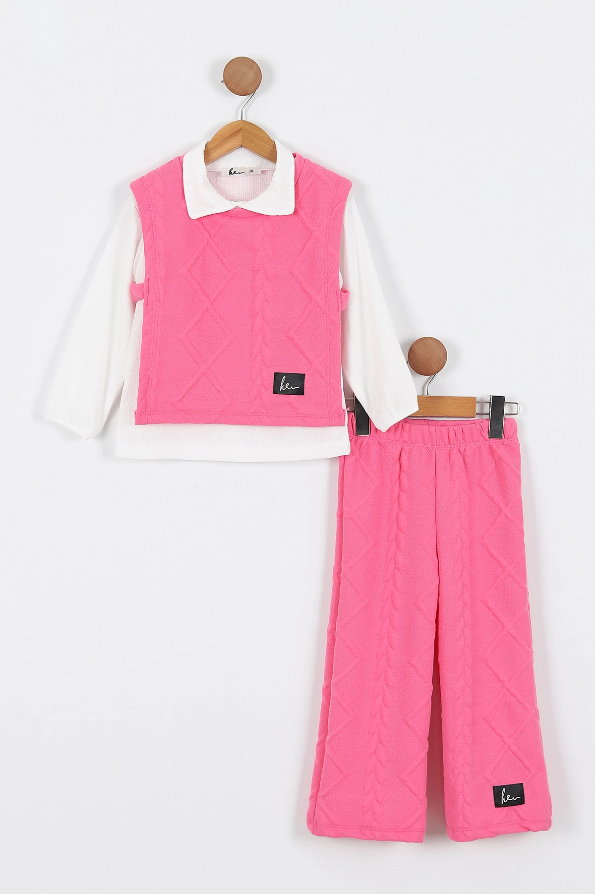 Pembe (3-10 Yaş) Kabartma Desenli Bürümcük Gömlek Yaka Badili Kız Çocuk 3'lü Takım 337462