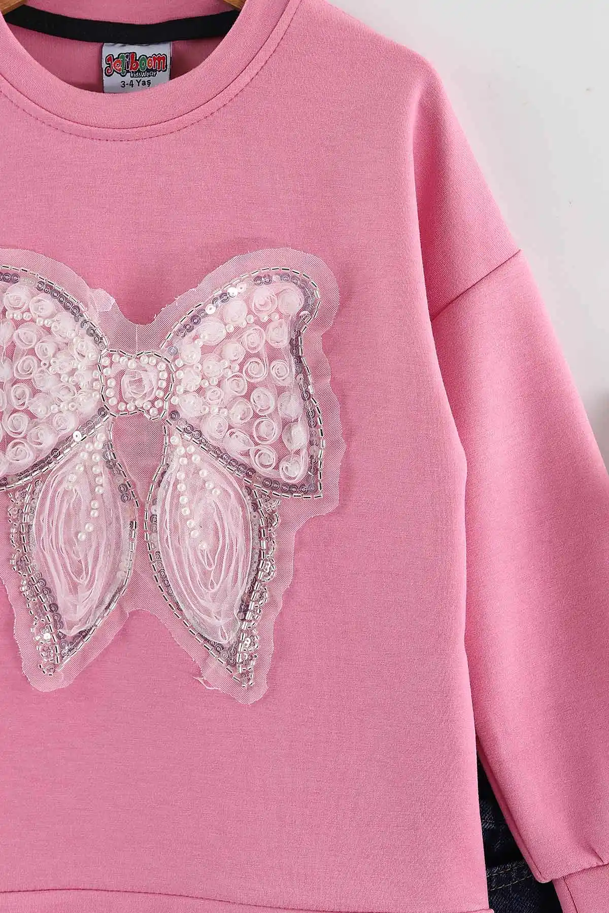 Pembe (3-10 Yaş)  Tül Fiyonk Nakışlı  Lazer Kesim Kot Pantolonlu Kız Çocuk 2'li Takım 437382
