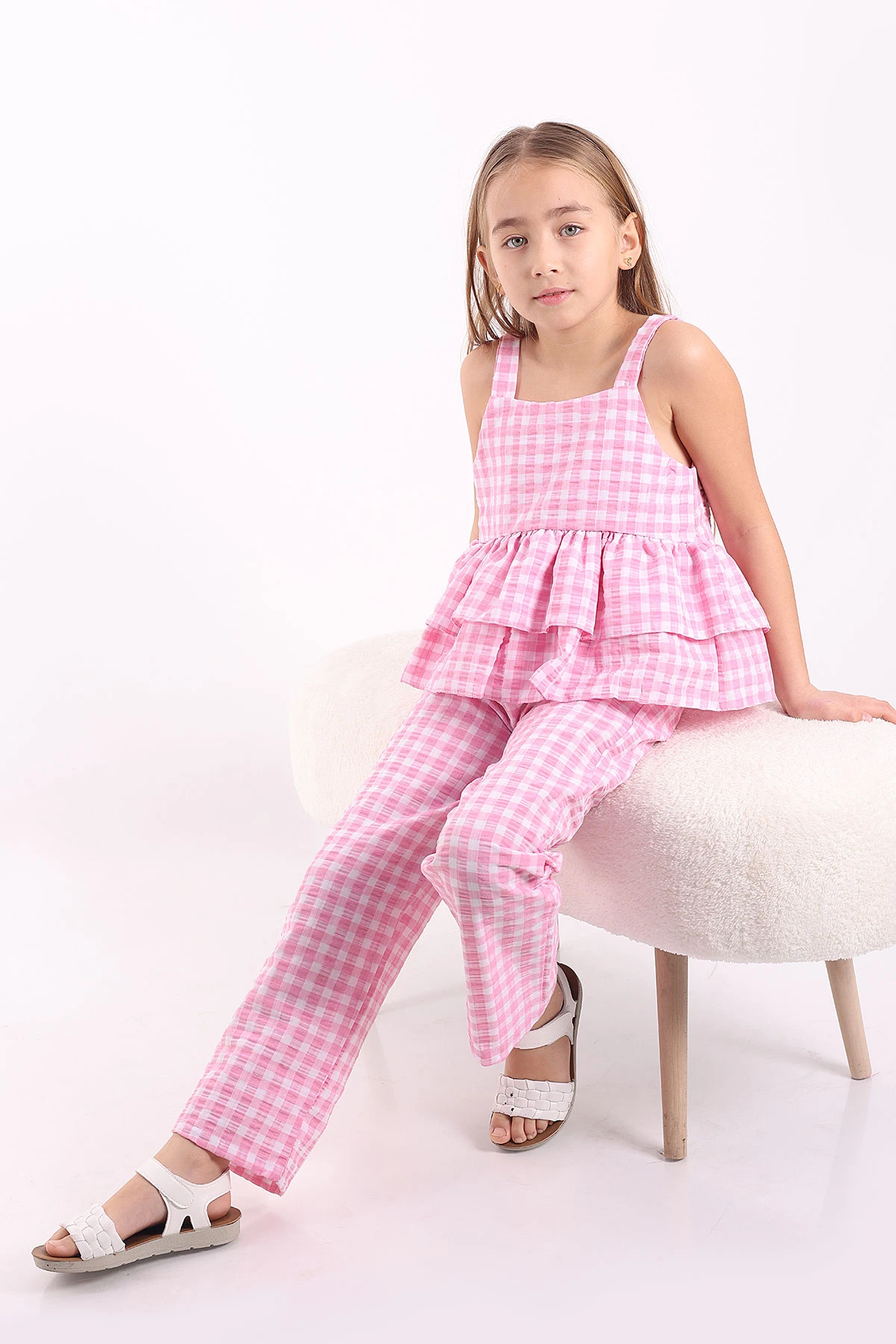 Pembe (3-10 Yaş)Pötikare Desen Yarım Düğmeli Katlı Keten Kız Çocuk Yazlık Takım 344628