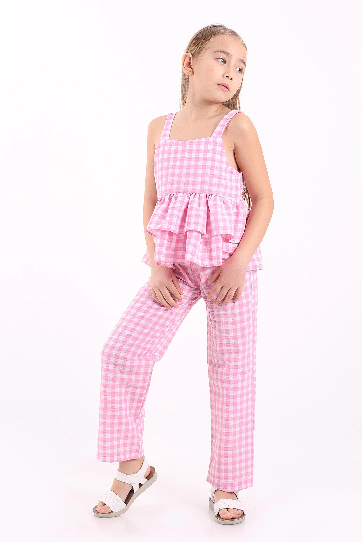 Pembe (3-10 Yaş)Pötikare Desen Yarım Düğmeli Katlı Keten Kız Çocuk Yazlık Takım 344628
