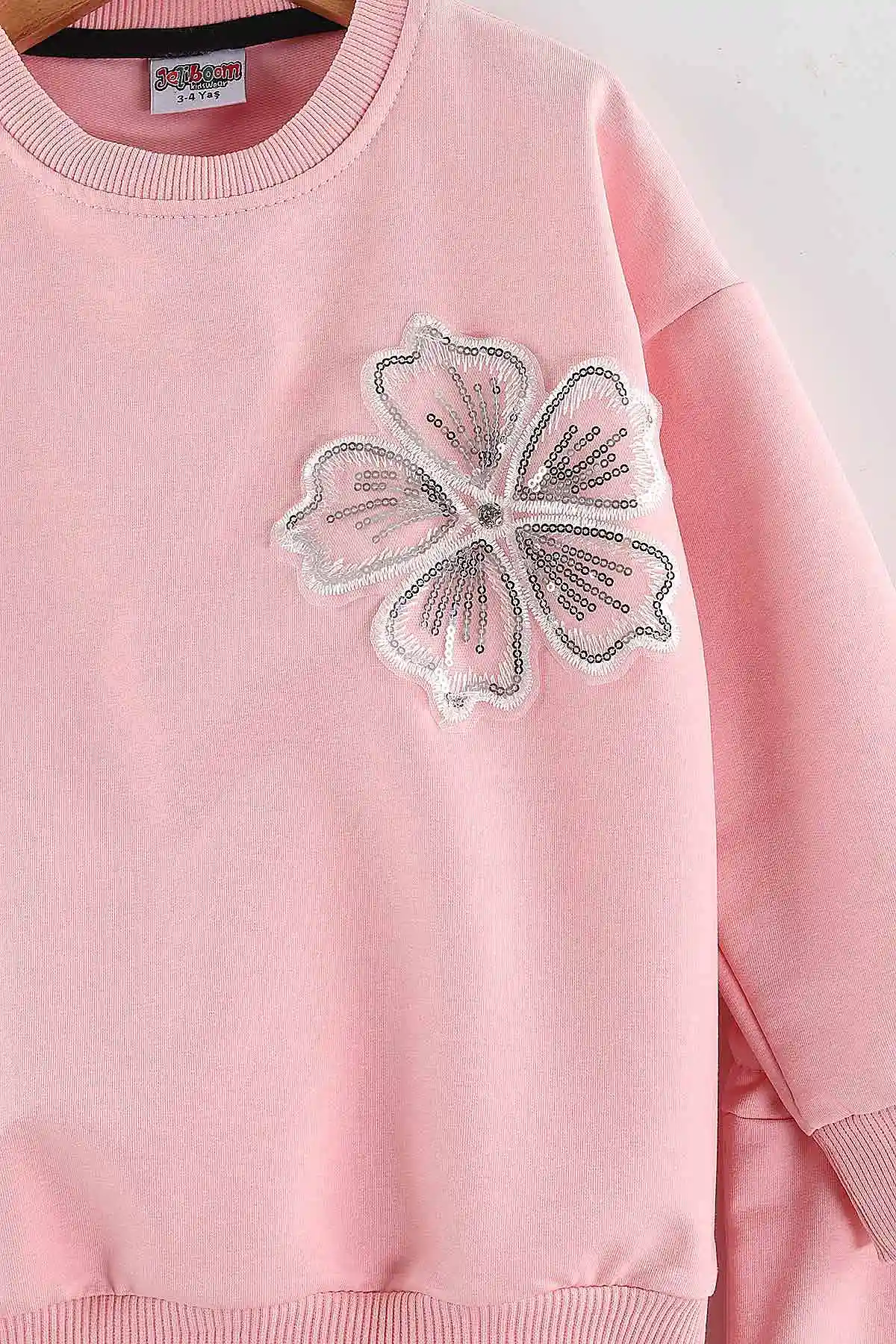Pembe (3-10 Yaş)Pullu Çiçek Aplikeli Çimalı İki İp Kız Çocuk Takım 433673