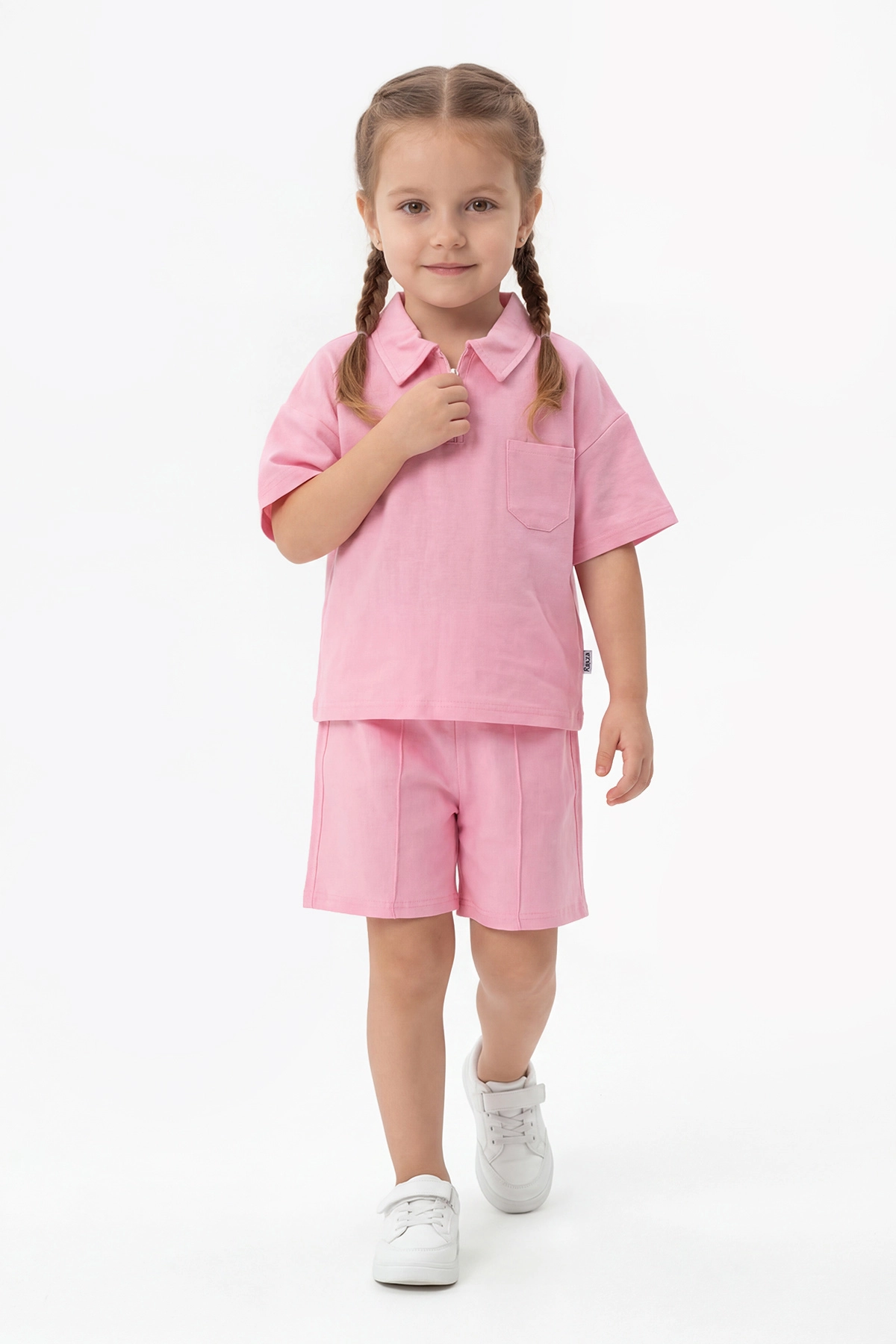 Pembe (3-10 Yaş)Yarım Fermuar Yakalı Cep Detaylı Çimalı Şortlu Kız Çocuk Takım 447125