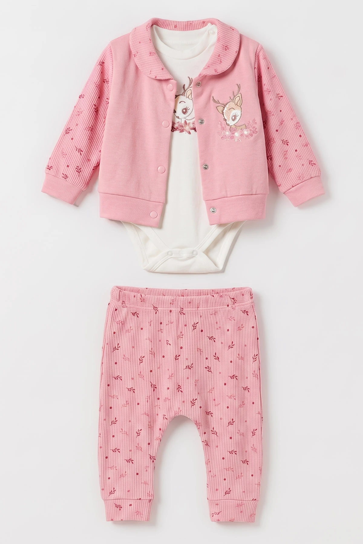 Pembe (3-12 Ay) Ceylan Nakışlı Hırkalı Waffle Kız Bebek 3'lü Takım 479428