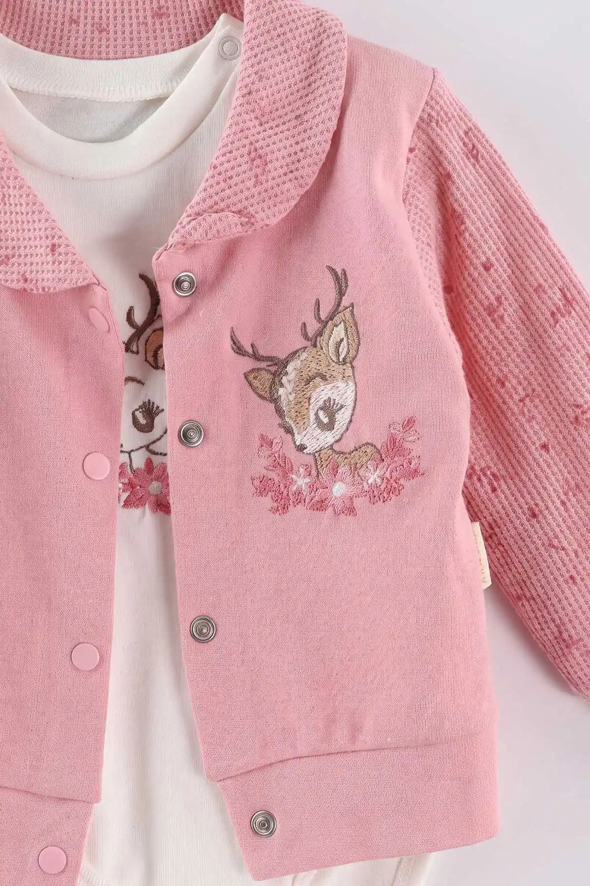 Pembe (3-12 Ay) Ceylan Nakışlı Hırkalı Waffle Kız Bebek 3'lü Takım 479428
