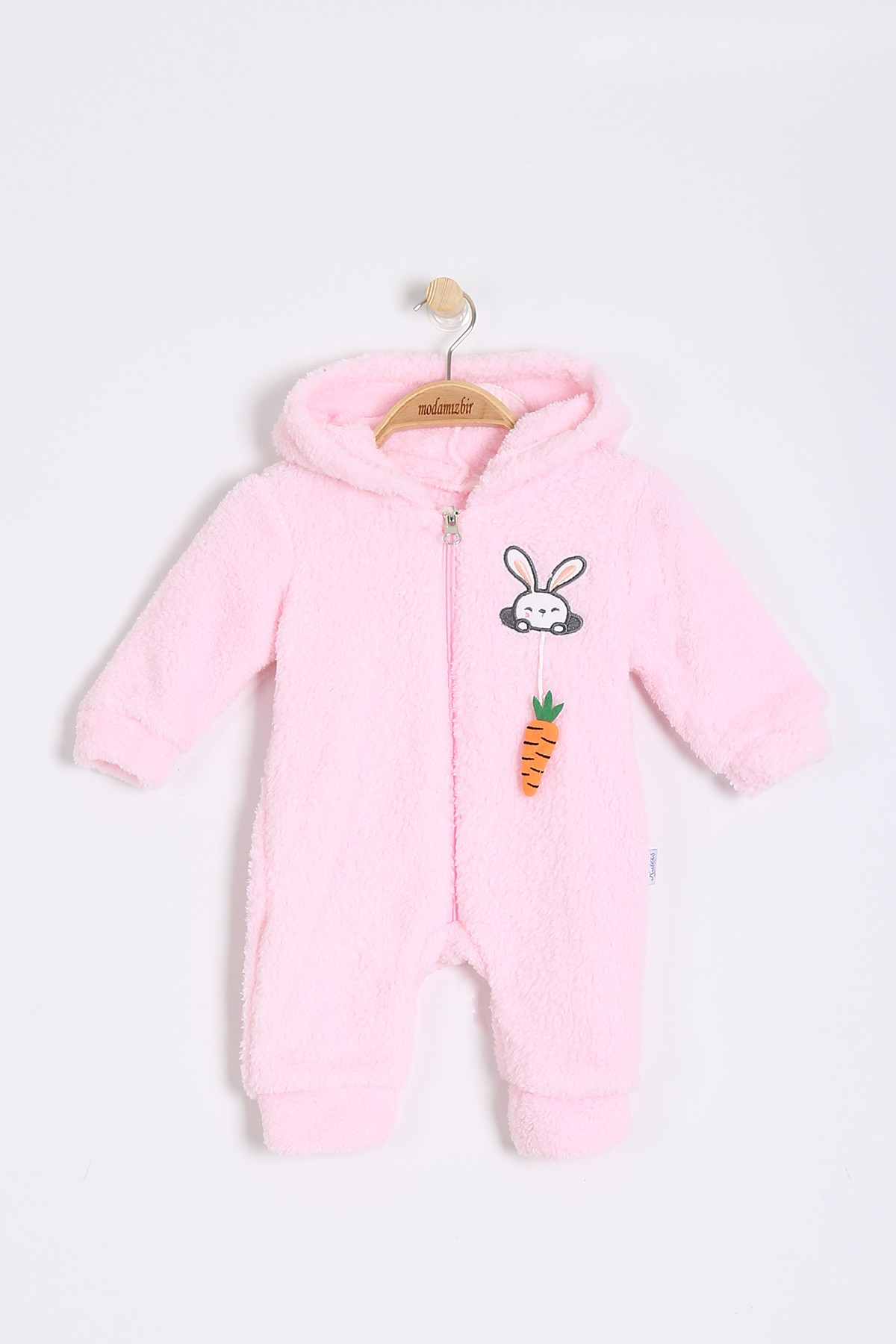 Pembe (3-12 Ay) Havuç Tavşan Nakışlı Kapüşonlu Welsoft Kız Bebe Tulum 200727