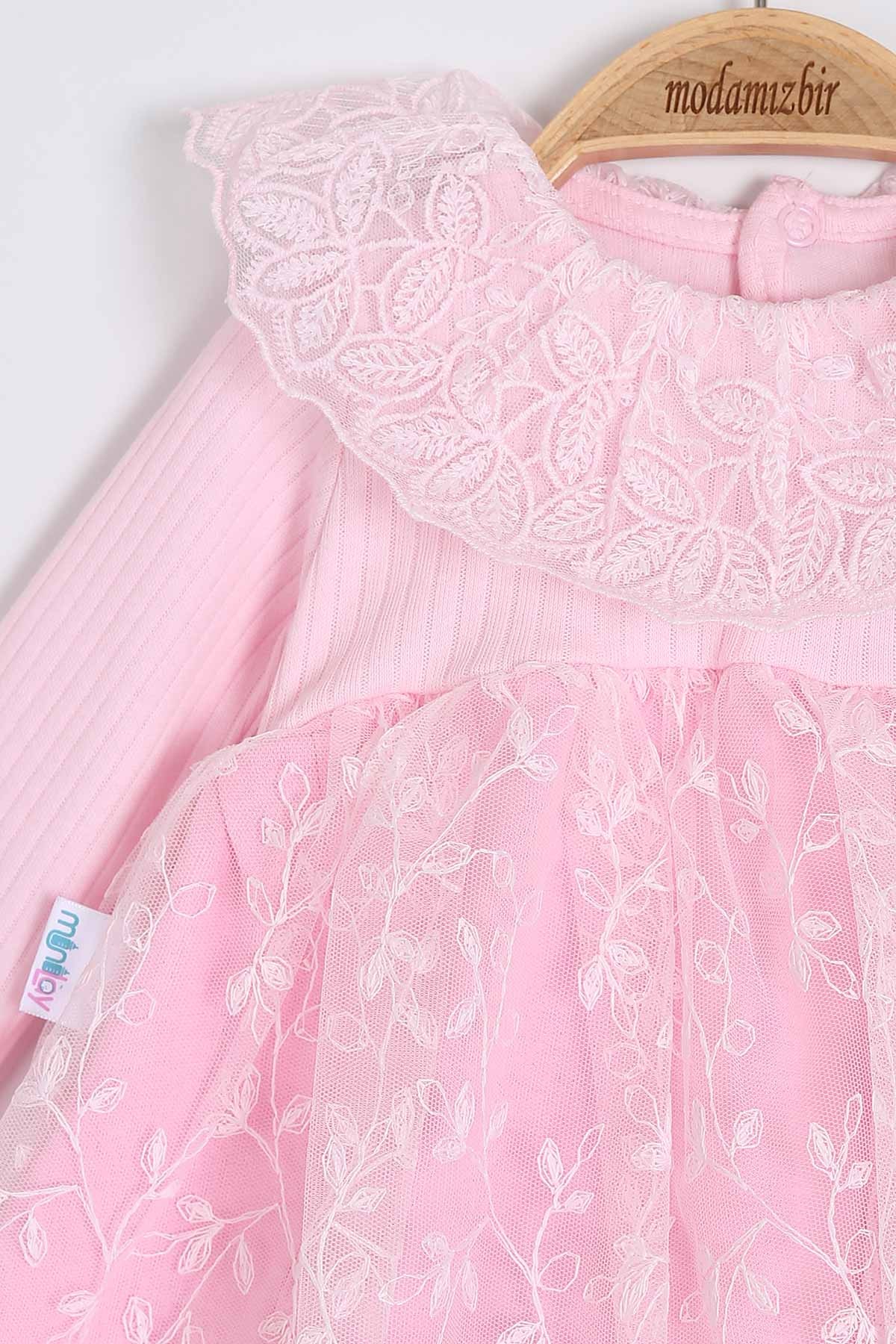 Pembe (3-12 Ay) Kalp Desenli Tüllü Bandanalı Kız Bebe Elbise 201090