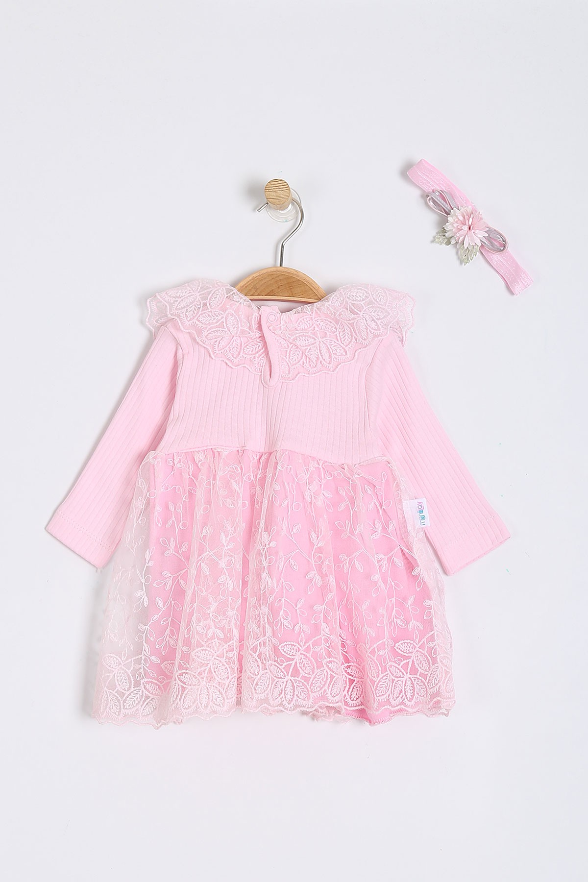 Pembe (3-12 Ay) Kalp Desenli Tüllü Bandanalı Kız Bebe Elbise 201090