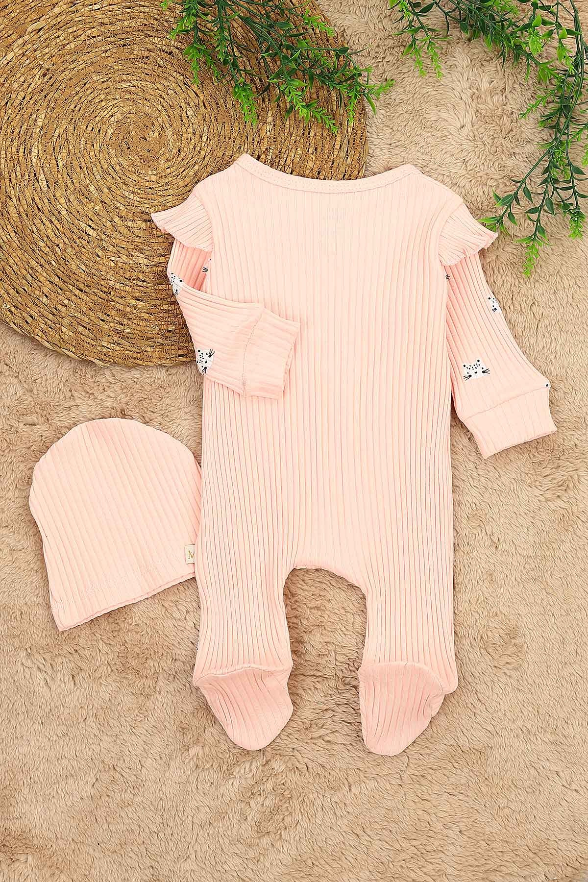 Pembe (3-12 Ay) Kedi Baskılı Önü Fırfırlı Kız Çocuk Tulum 152344