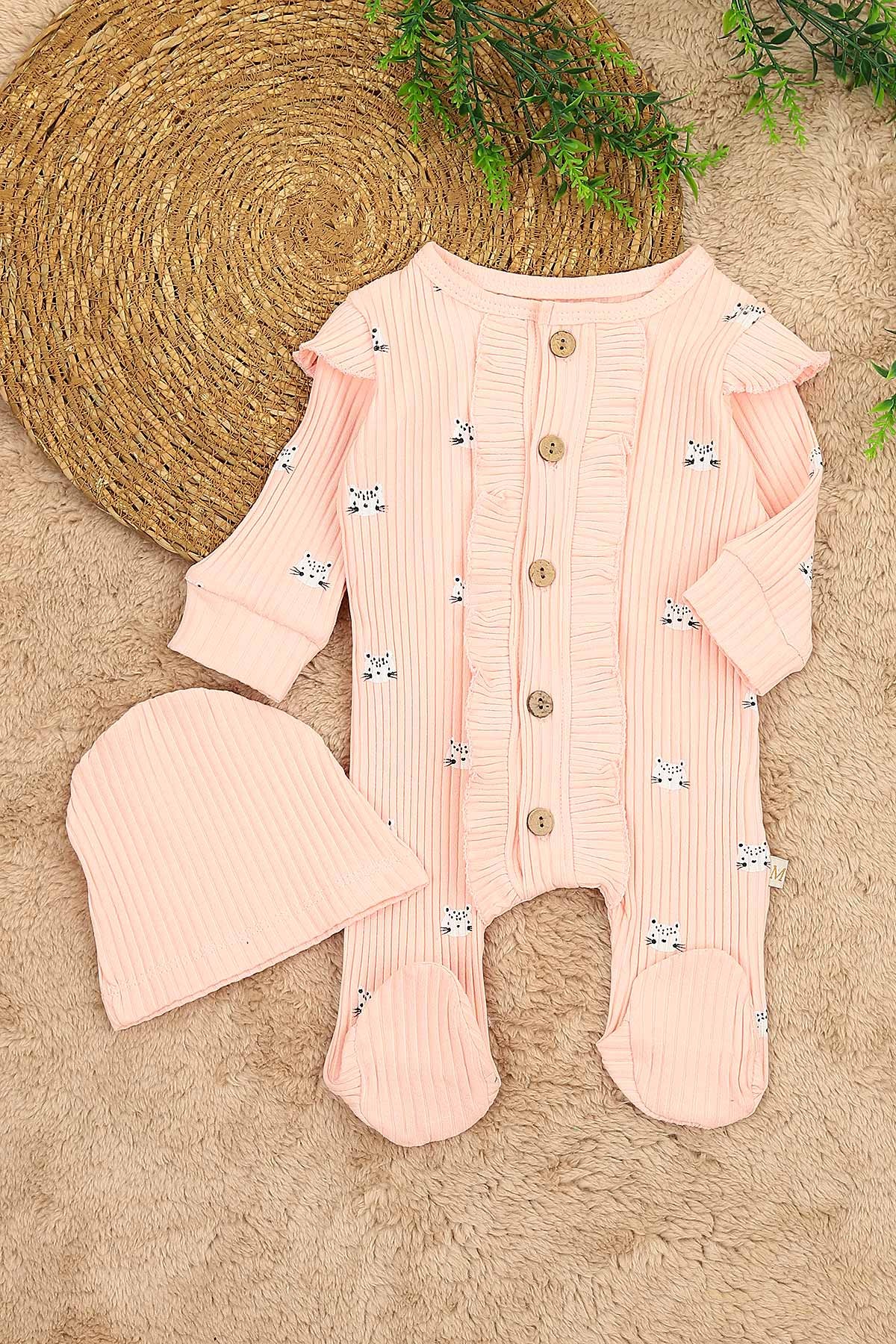 Pembe (3-12 Ay) Kedi Baskılı Önü Fırfırlı Kız Çocuk Tulum 152344