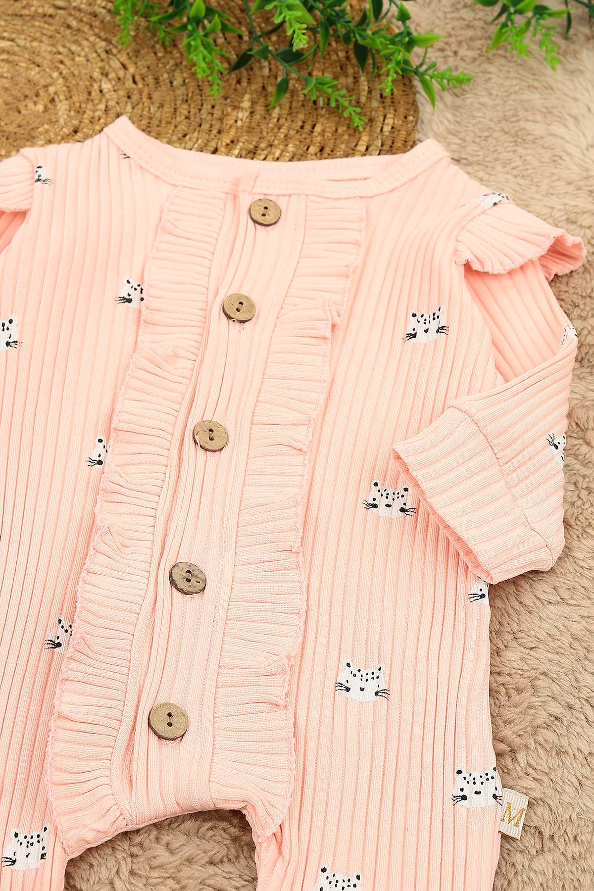 Pembe (3-12 Ay) Kedi Baskılı Önü Fırfırlı Kız Çocuk Tulum 152344
