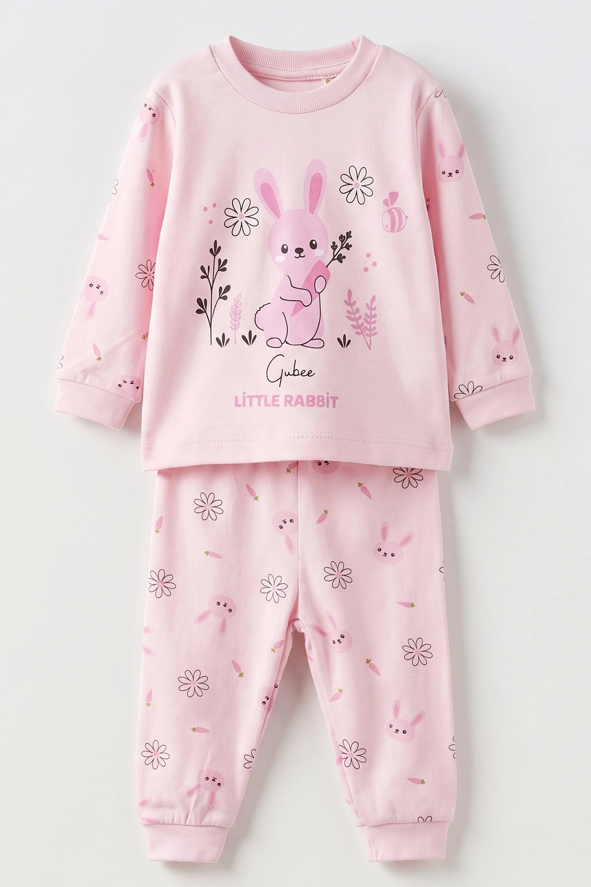 Pembe (3-12 Ay) Little Rabbit Baskılı Penye Kız Bebek Pijama Takım 500324