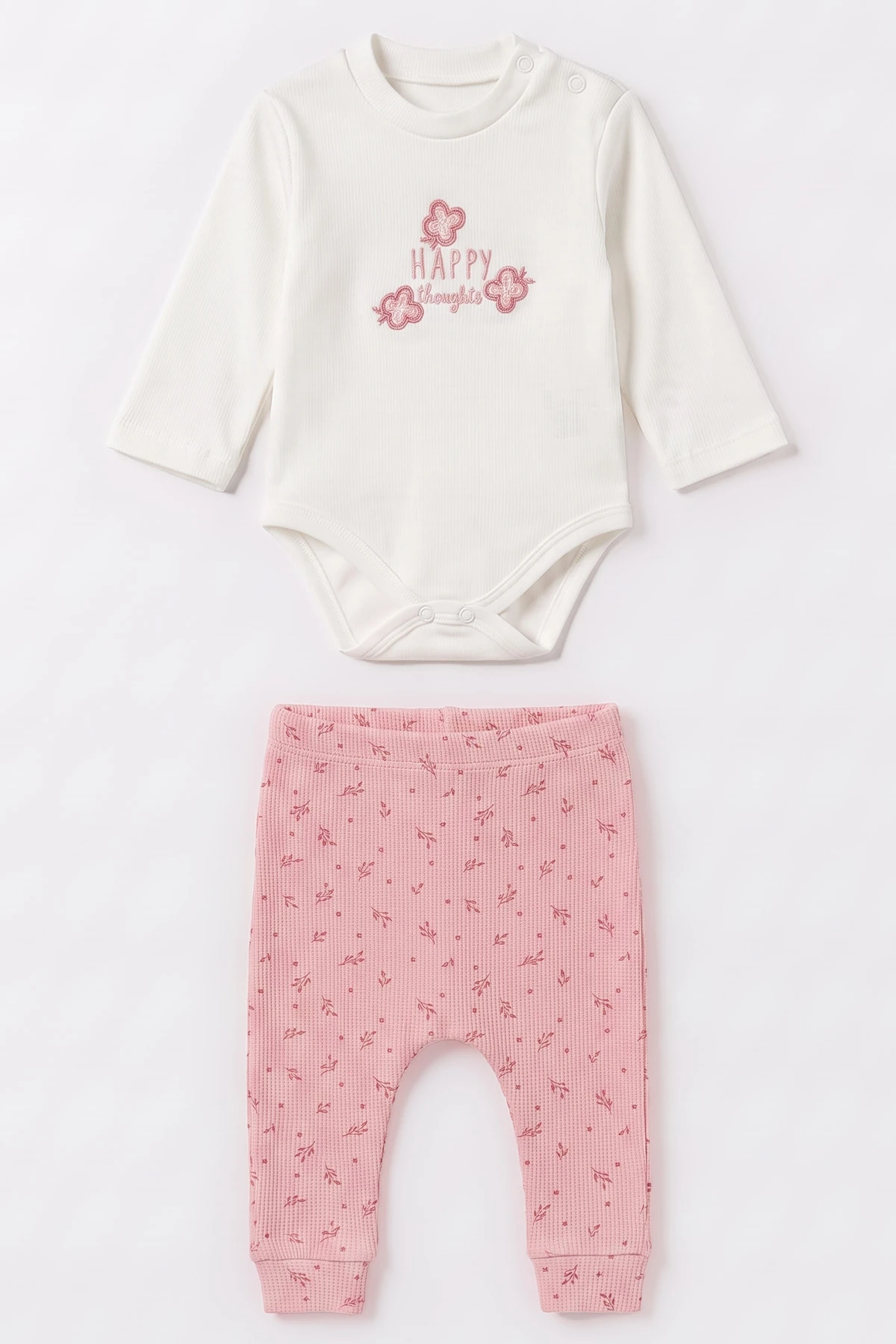 Pembe (3-12 Ay) Nakışlı Hırkalı Waffle Kız Bebek 3'lü Takım 479432