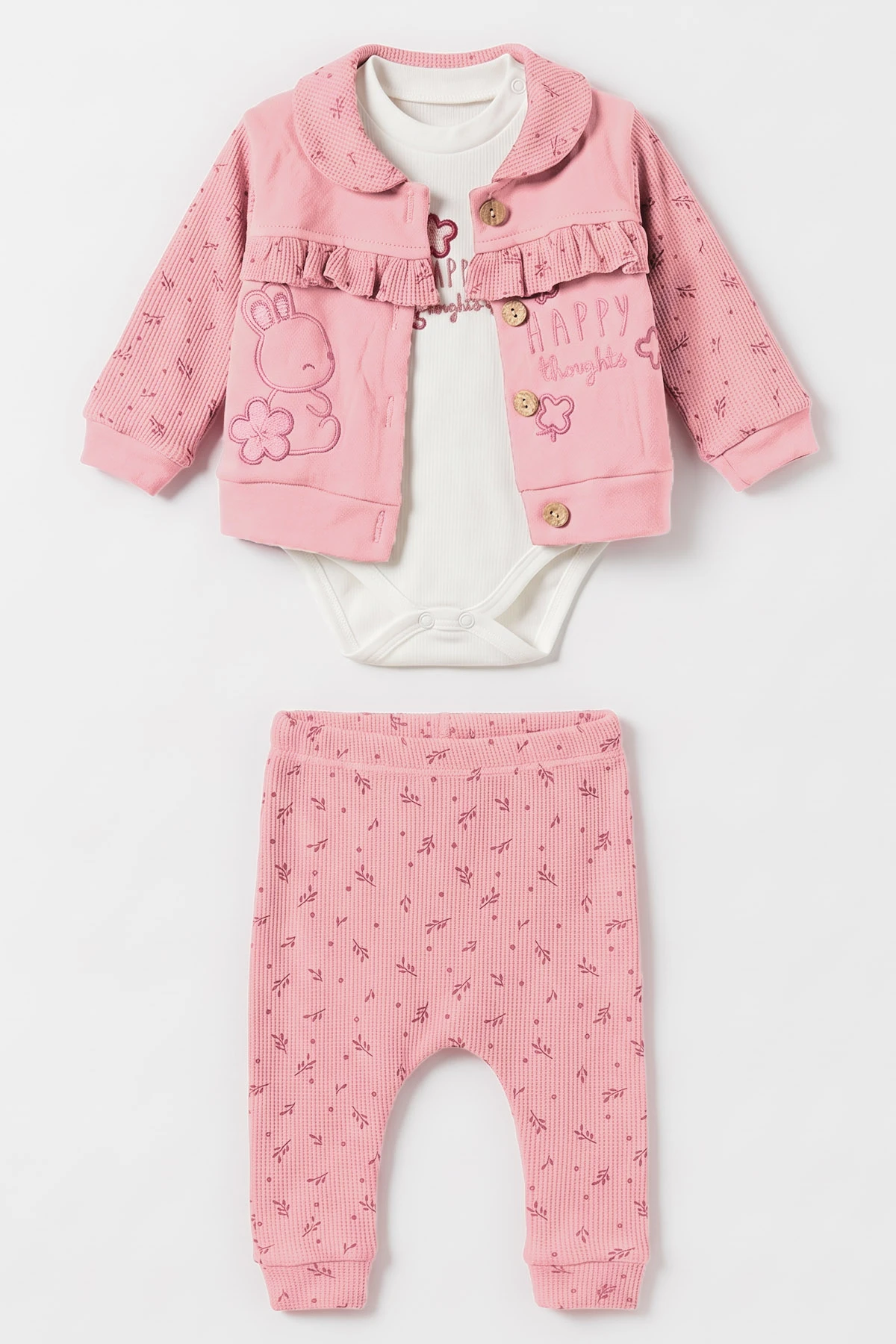 Pembe (3-12 Ay) Nakışlı Hırkalı Waffle Kız Bebek 3'lü Takım 479432