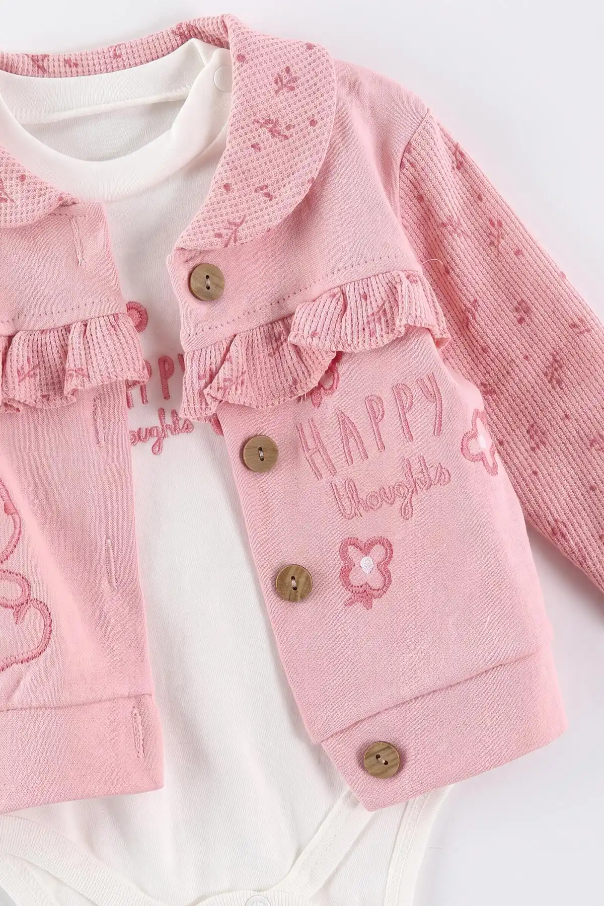 Pembe (3-12 Ay) Nakışlı Hırkalı Waffle Kız Bebek 3'lü Takım 479432