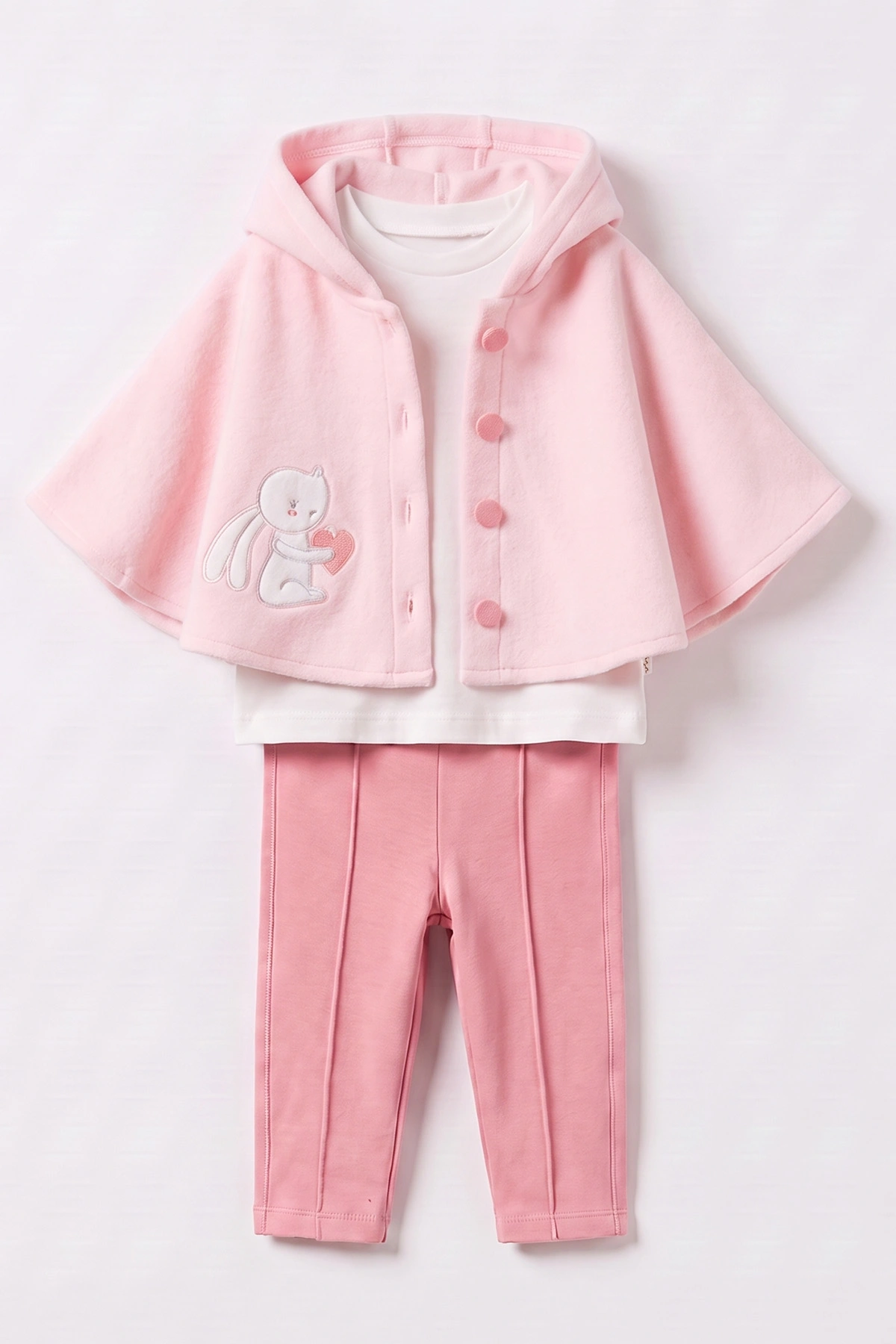 Pembe (3-12 Ay) Tavşan Nakışlı Kapüşonlu Polar Pelerinli Kız Bebek 3'lü Takım 487767