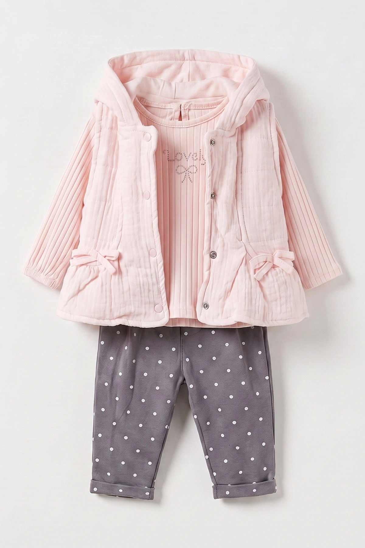 Pembe (3-12 Ay)Kapüşonlu Yelekli Metraj Pantolonlu Kız Bebek 3'lü Takım 473169