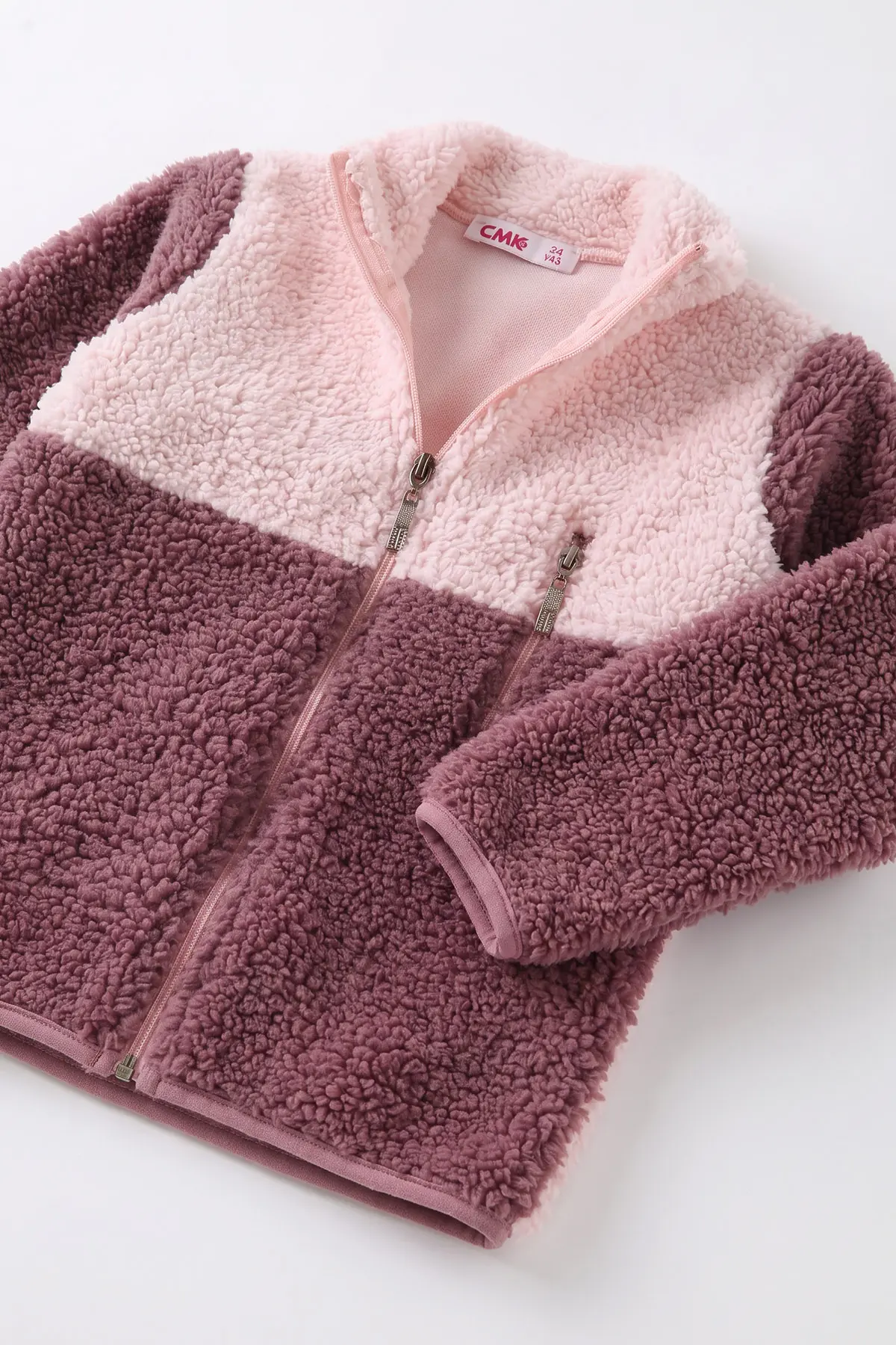 Pembe (3-12 Yaş)Parça Desenli Fermuarlı Polar Kuzu Hırka 484855