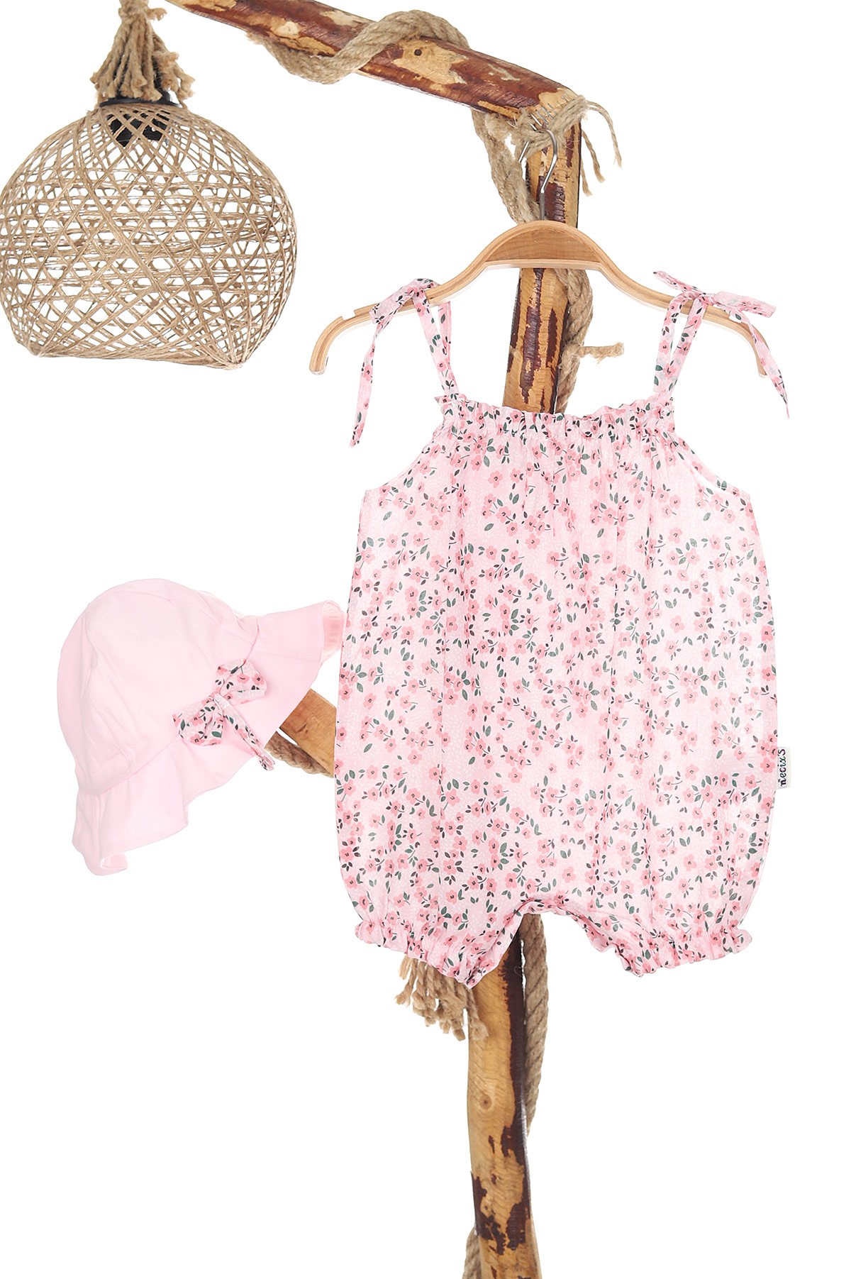 Pembe (3-15 Ay) Çiçek Baskılı Askılı Sakura Şapkalı Kız Bebe Tulum 167401