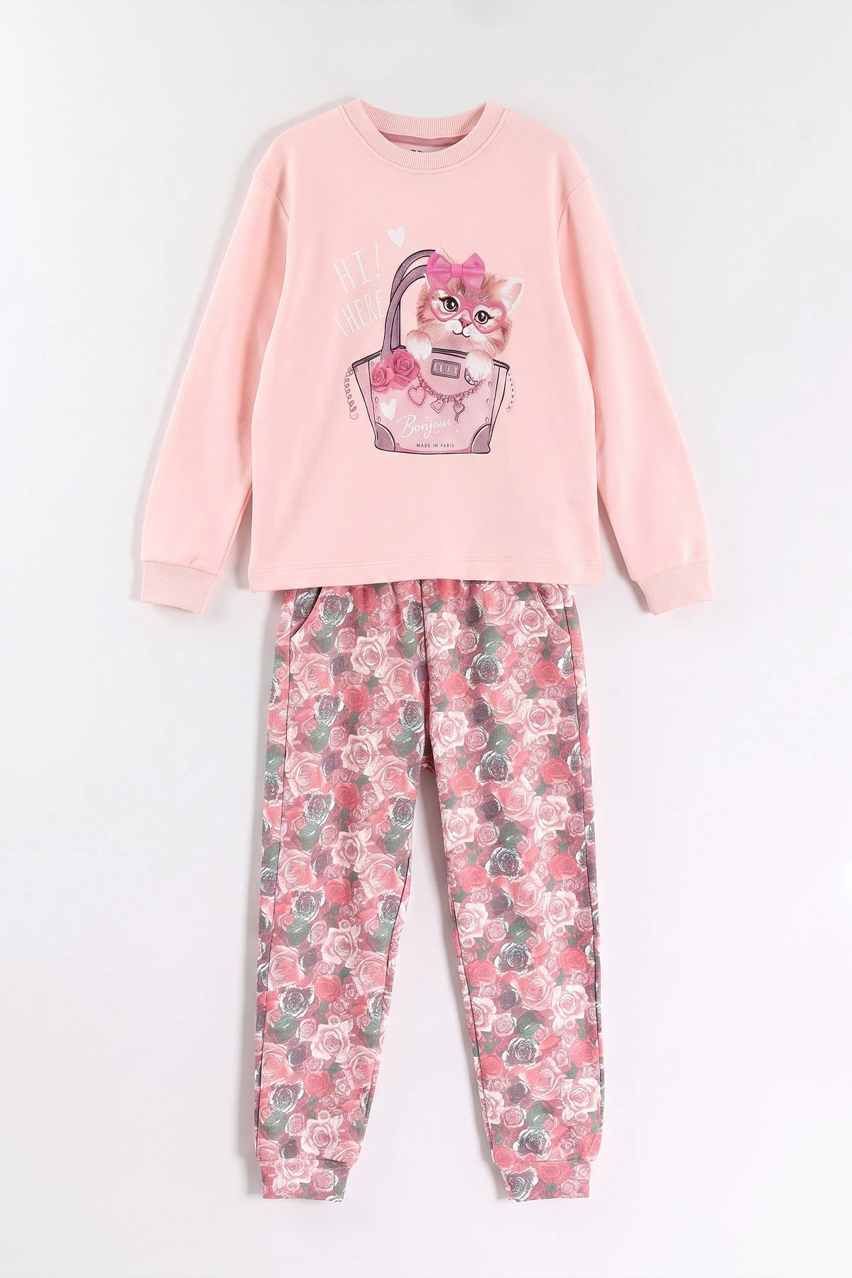 Pembe (3-15 Yaş) Kedi Baskılı Ribana Kumaş Kız Çocuk Pijama Takımı 477077
