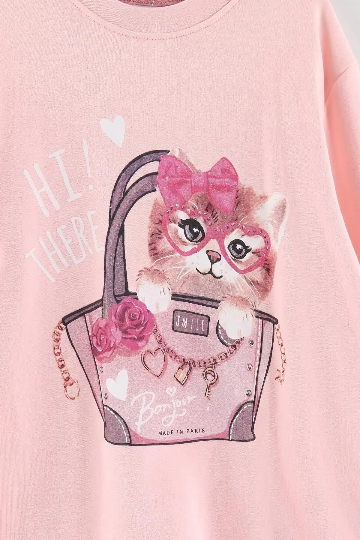 Pembe (3-15 Yaş) Kedi Baskılı Ribana Kumaş Kız Çocuk Pijama Takımı 477077
