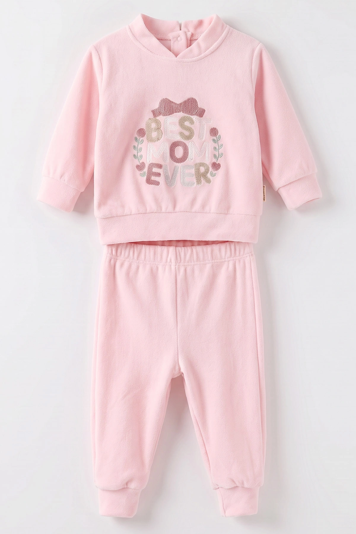 Pembe (3-18 Ay) Best Mom Ever Nakışlı Kadife Kız Bebek Takım 487632