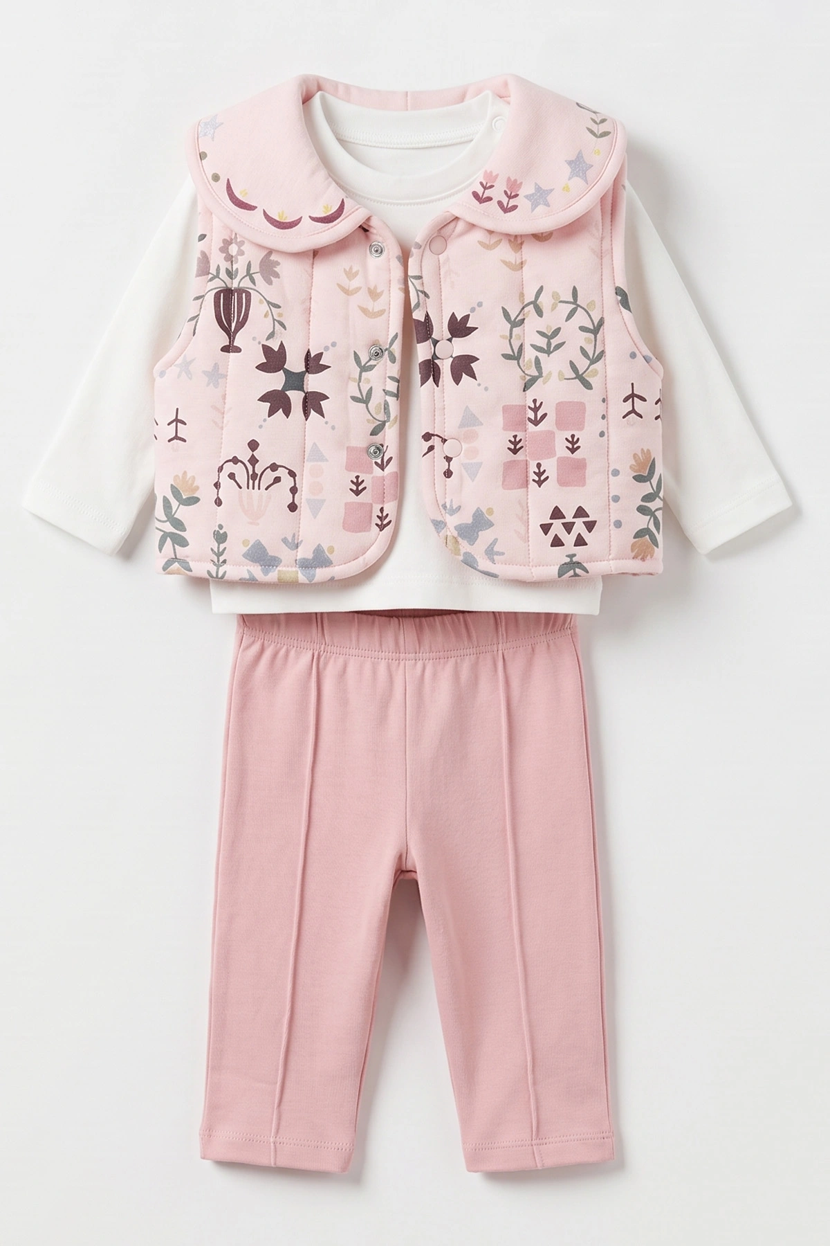 Pembe (3-18 Ay) Etnik Desen Yelekli Kız Bebek 3'lü Takım 486586