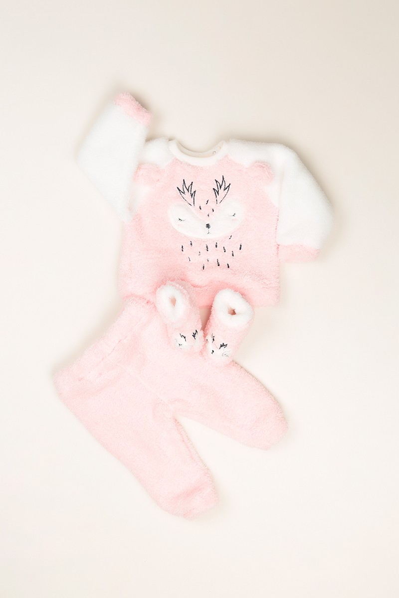 Pembe (3-18 Ay) Geyik Baskılı Patili Peluş Kız Çocuk Takım 81836