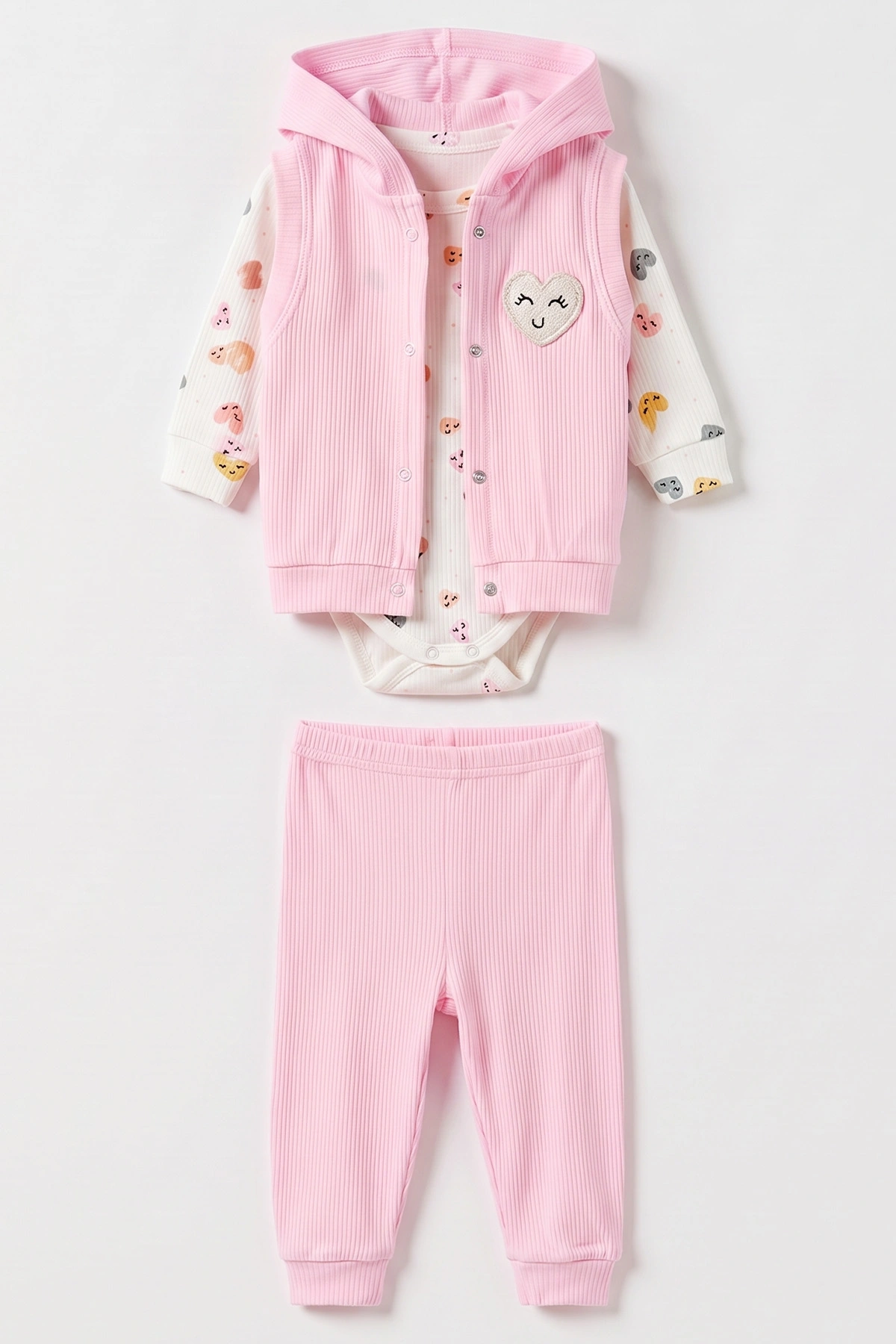 Pembe (3-18 Ay)  Kalp Baskılı Nakışlı Kapüşonlu Zıbınlı Kız Bebek 3'lü Takım 480155