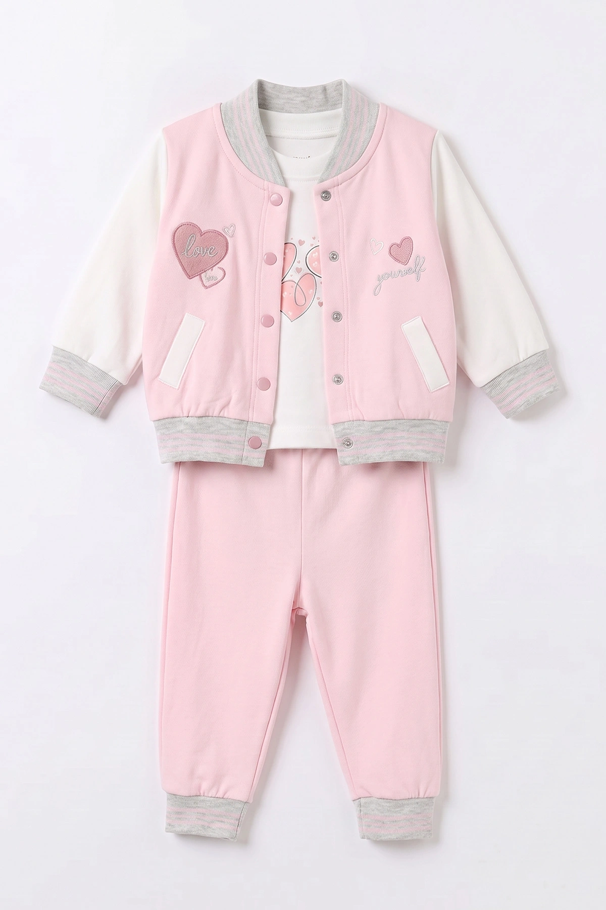 Pembe (3-18 Ay) Kalp Nakışlı 2 İp Kız Bebek 3'lü Takım 497911