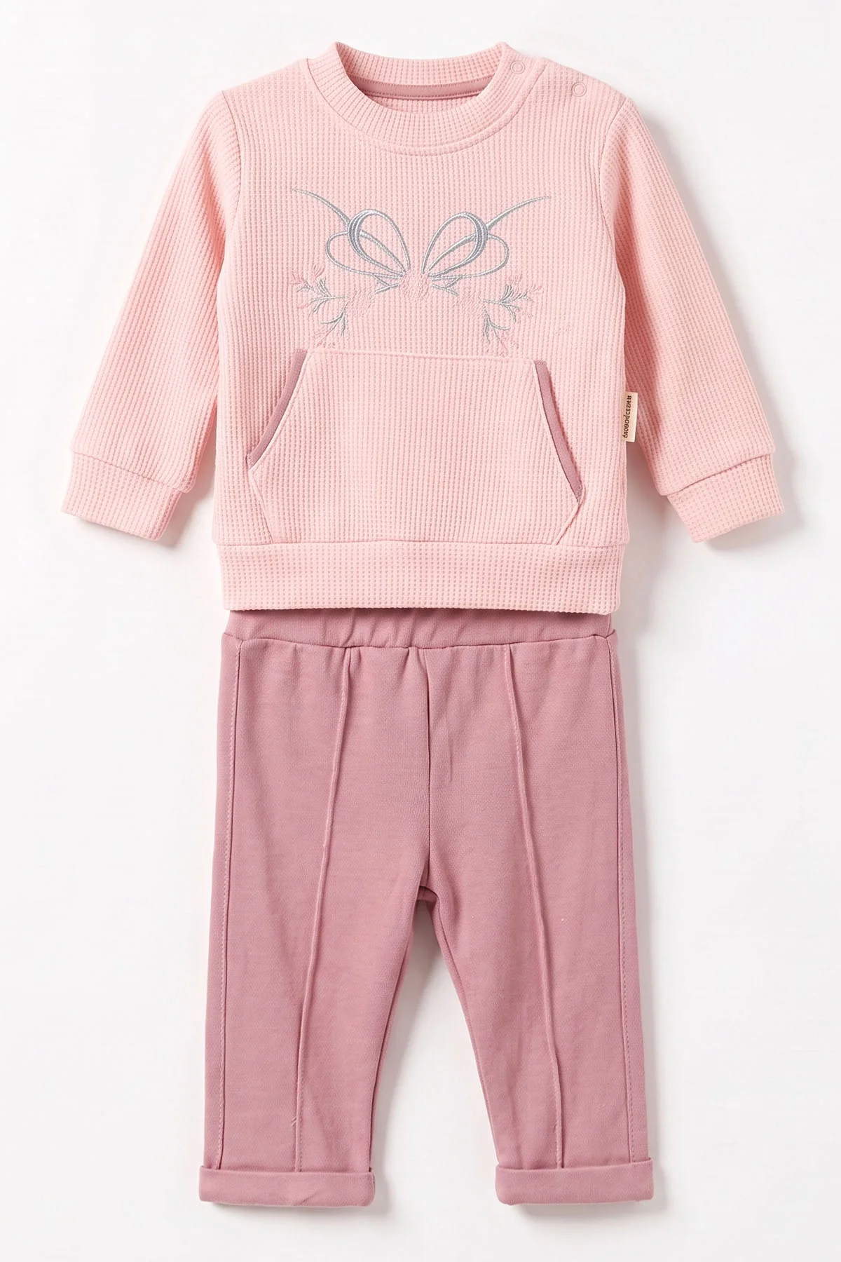 Pembe (3-18 Ay) Kanguru Cepli Nakışlı Waffle  Kız Bebek Takım 487641