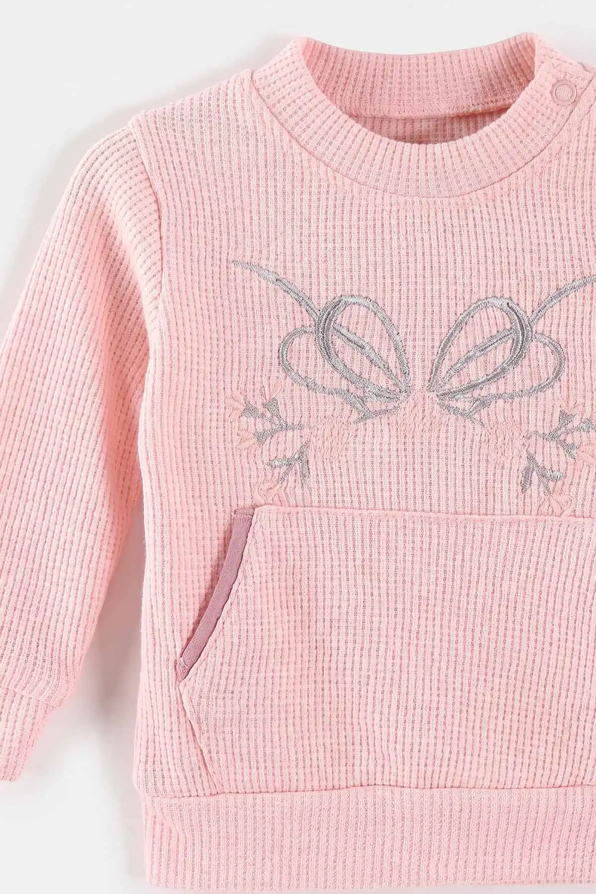 Pembe (3-18 Ay) Kanguru Cepli Nakışlı Waffle  Kız Bebek Takım 487641