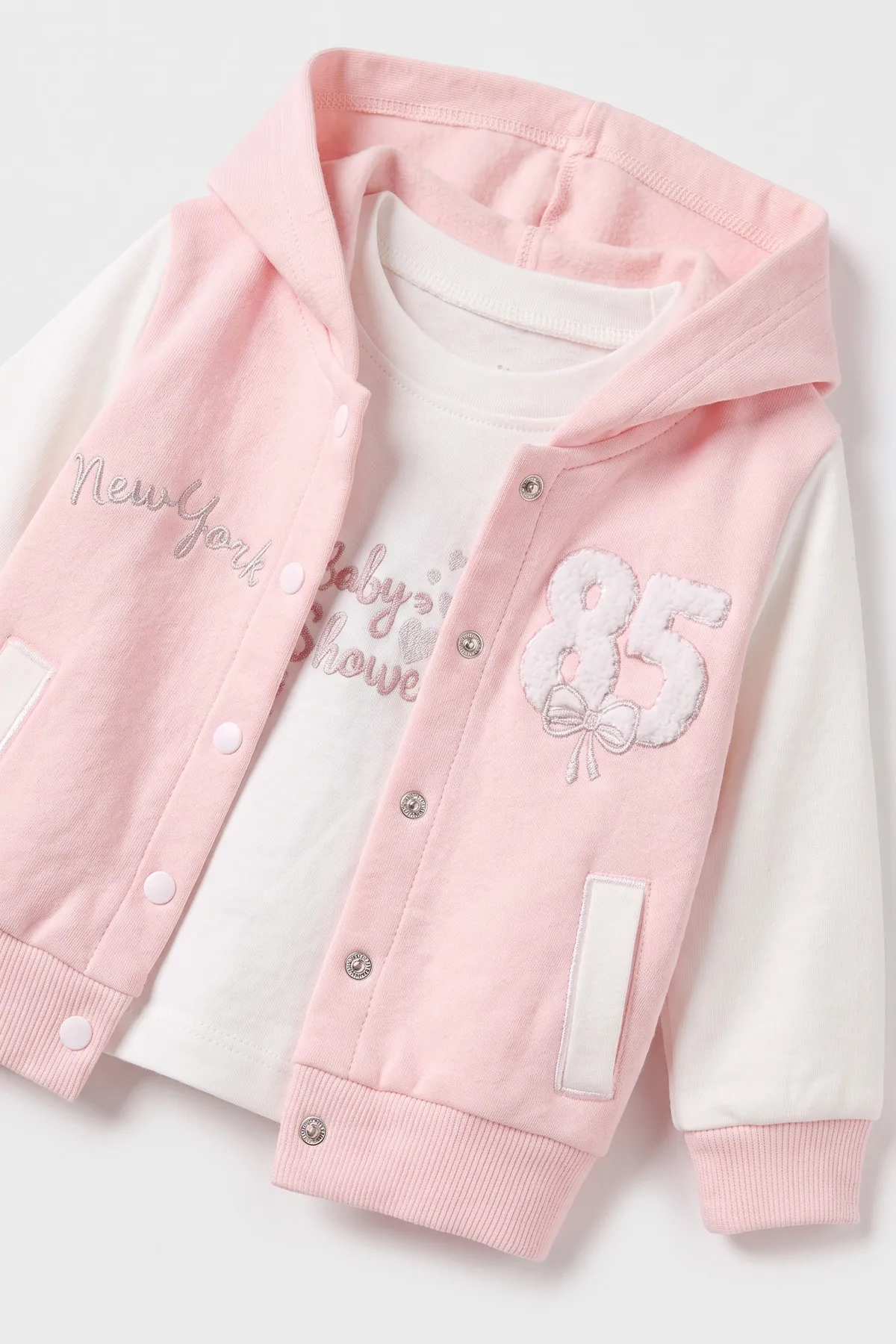 Pembe (3-18 Ay) Kapüşonlu 85 Nakışlı Hırkalı Kız Bebek 3'lü Takım 487518