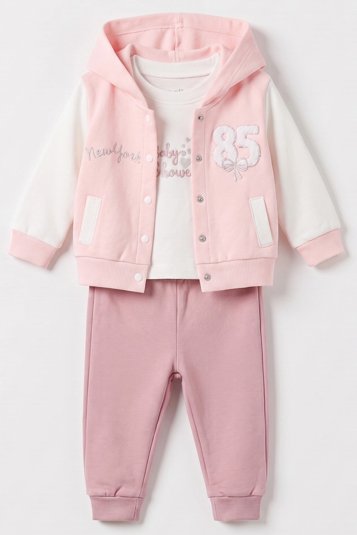 Pembe (3-18 Ay) Kapüşonlu 85 Nakışlı Hırkalı Kız Bebek 3'lü Takım 487518